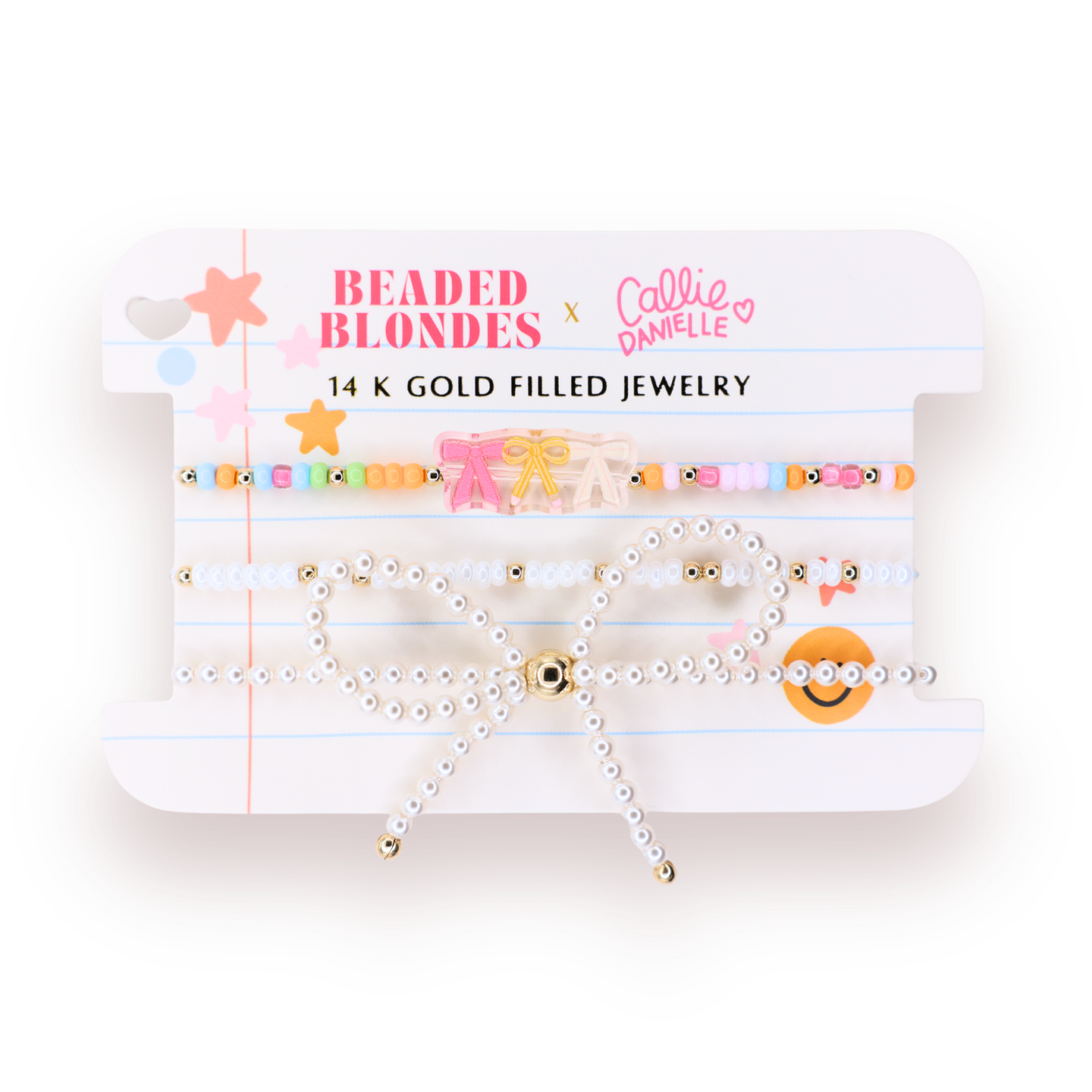 Notebook/Pencil Bow Trio Bracelet on Color + Luster White Sprinkle + Pearl Bow Stack of 3