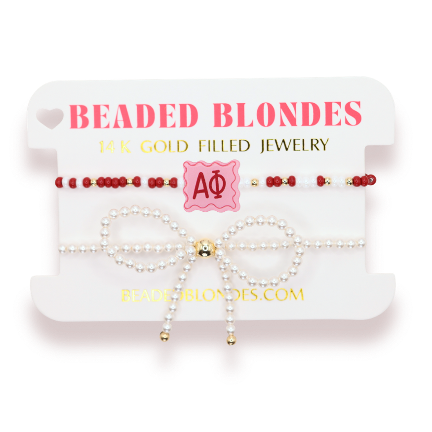 Alpha Phi Block Bracelet + Pearl Bow Stack of 2