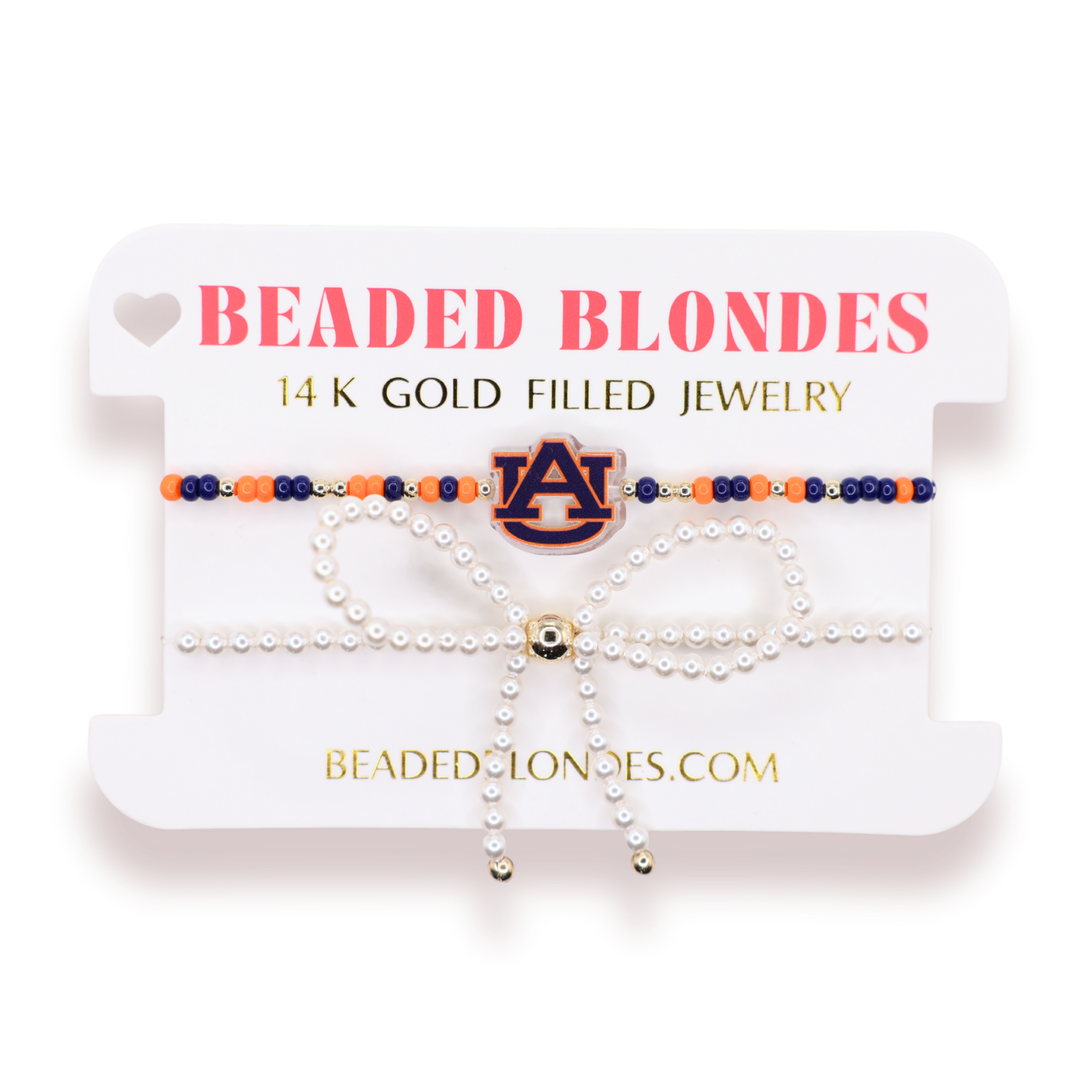 Auburn Logo Bracelet + Pearl Bow Stack of 2