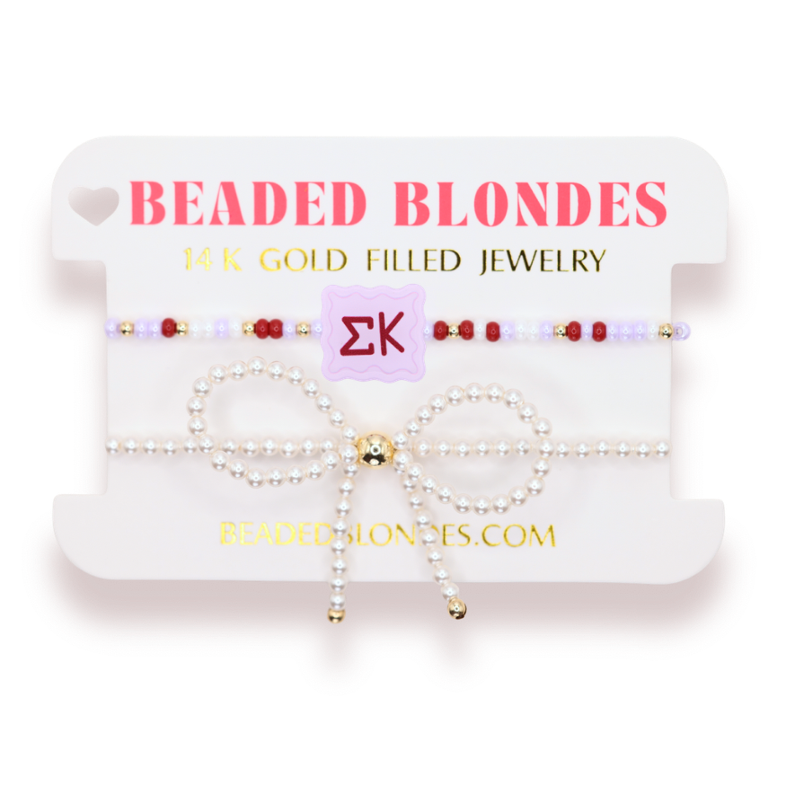 Sigma Kappa Block Bracelet + Pearl Bow Stack of 2