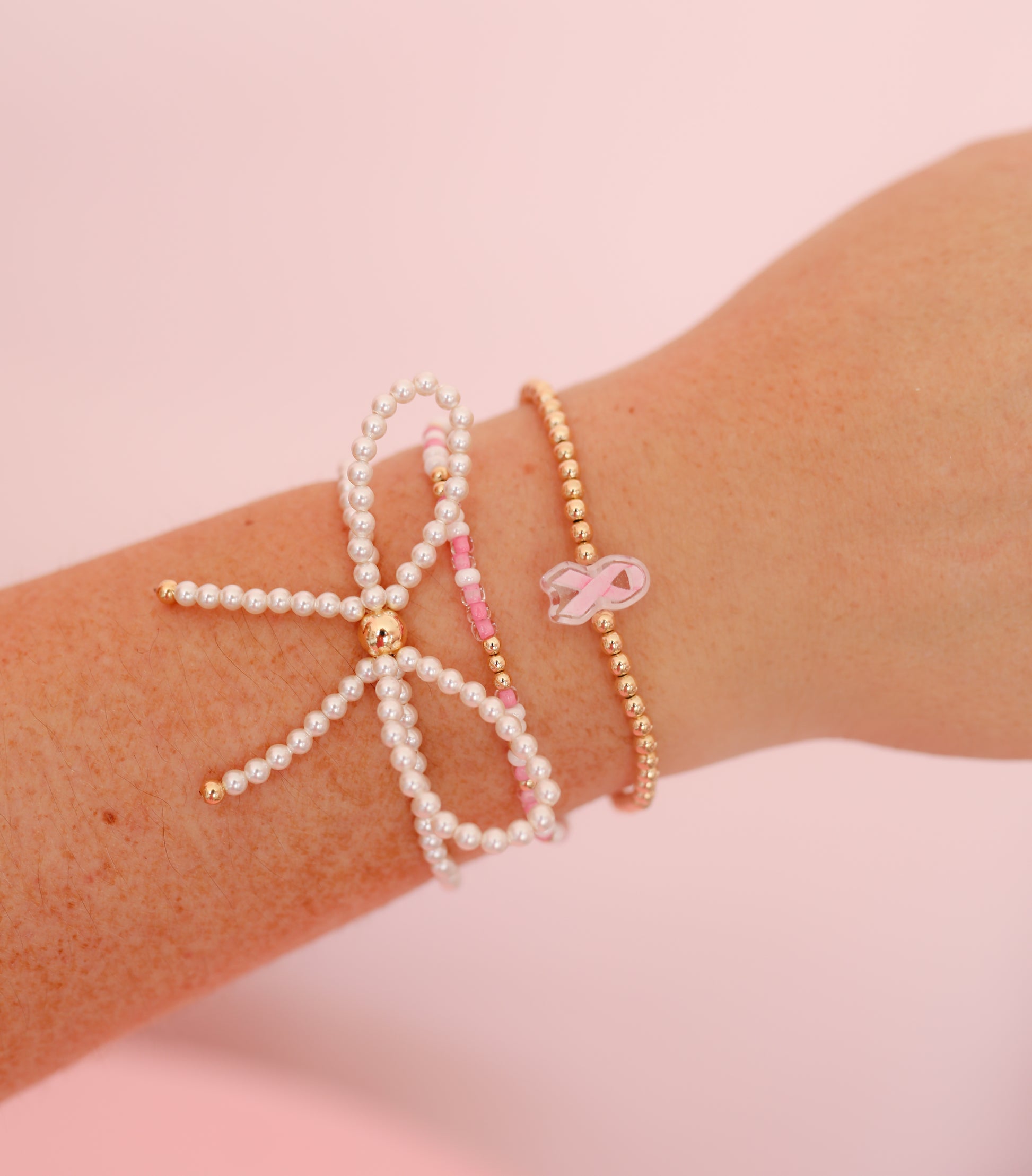 Breast Cancer Ribbon  + Sprinkle + Bow Bracelet Stack of 3