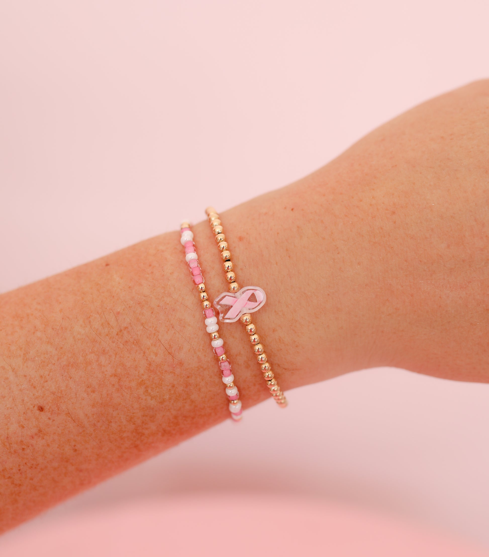 Breast Cancer Ribbon + Sprinkle Bracelet Stack of 2
