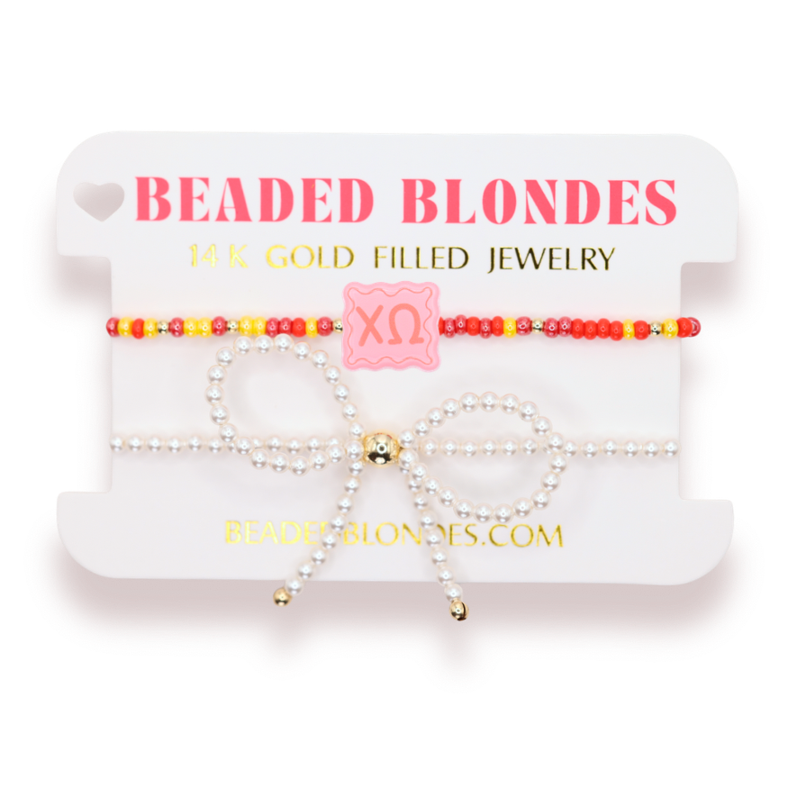 Chi Omega Block Bracelet + Pearl Bow Stack of 2