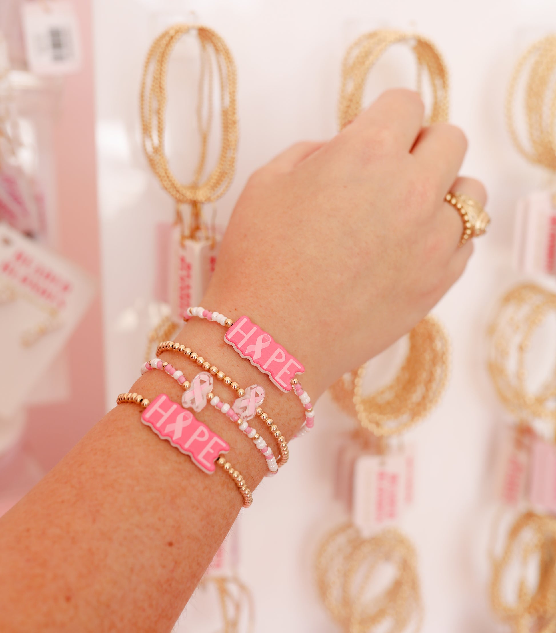 Breast Cancer Ribbon  + Sprinkle + Bow Bracelet Stack of 3