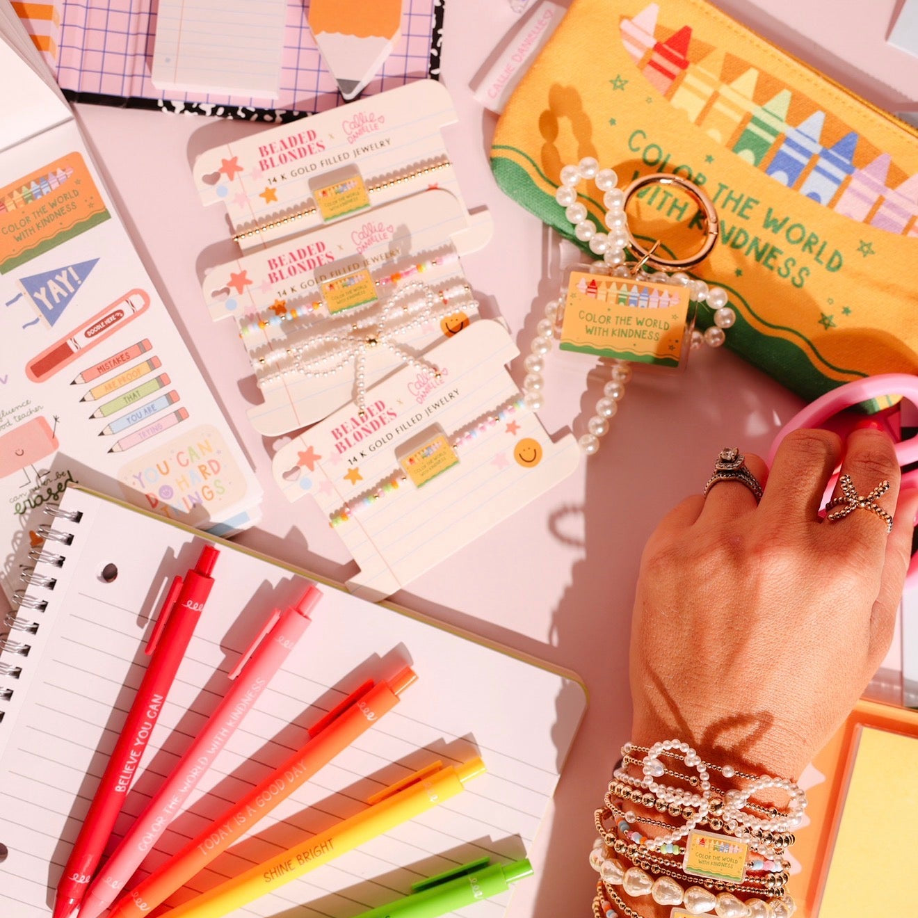 Color the World with Kindness Crayon Box Bracelet on Color + Luster White Sprinkle Stack of 2