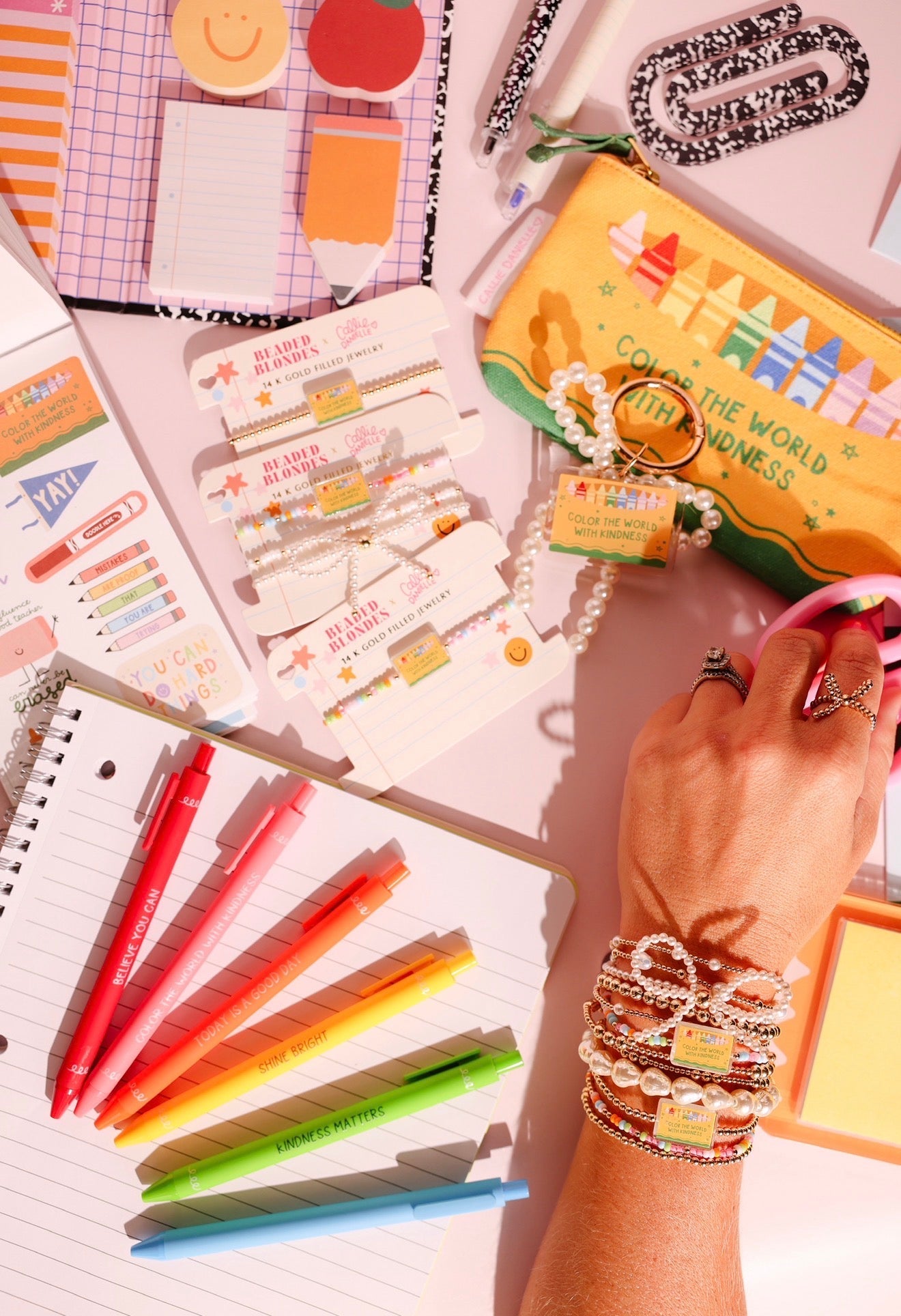 Color the World with Kindness Crayon Box Bracelet on Color + Luster White Sprinkle + Pearl Bow Stack of 3