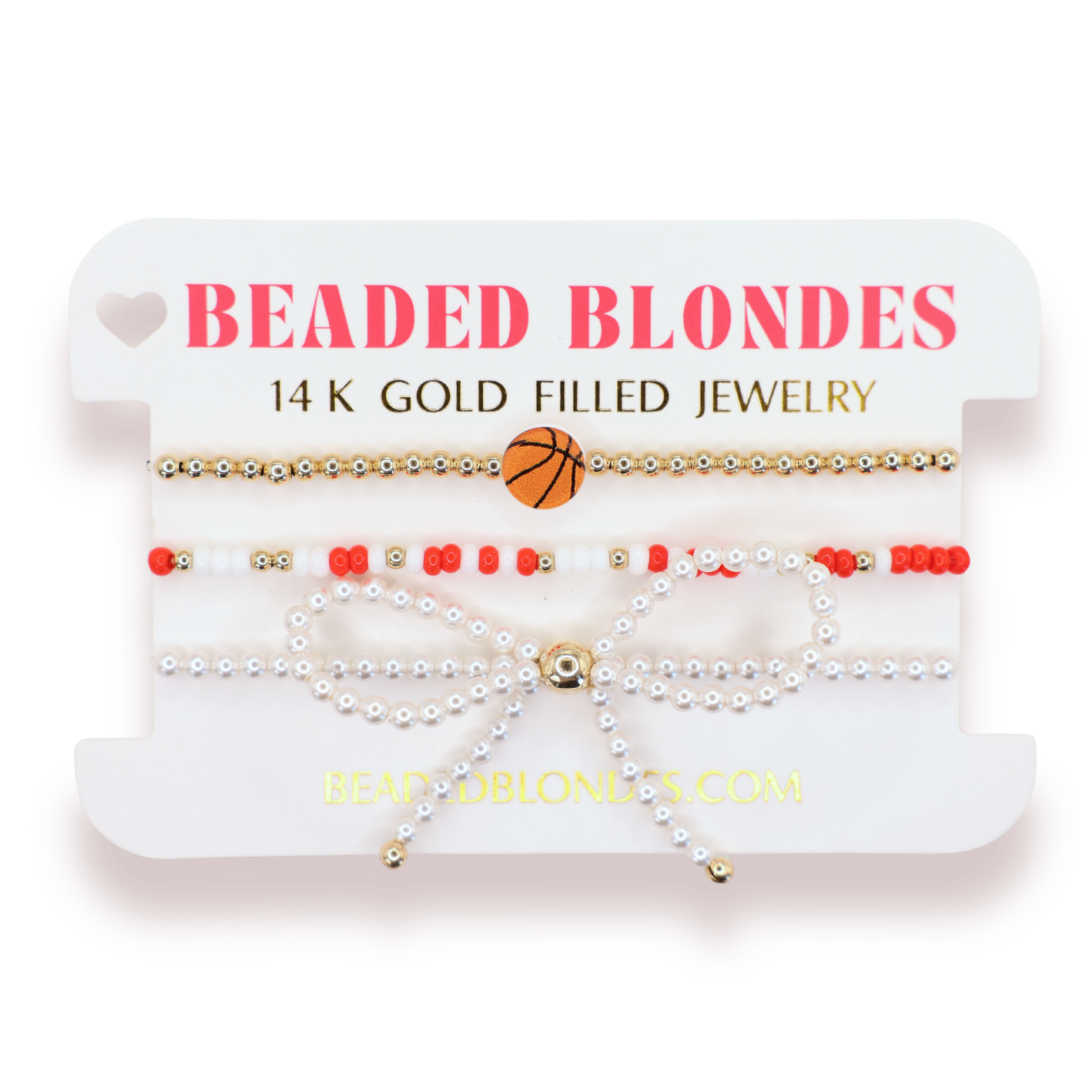 Basketball + Bright Red and White Sprinkle Bracelet + Pearl Bow (Stack of 3)