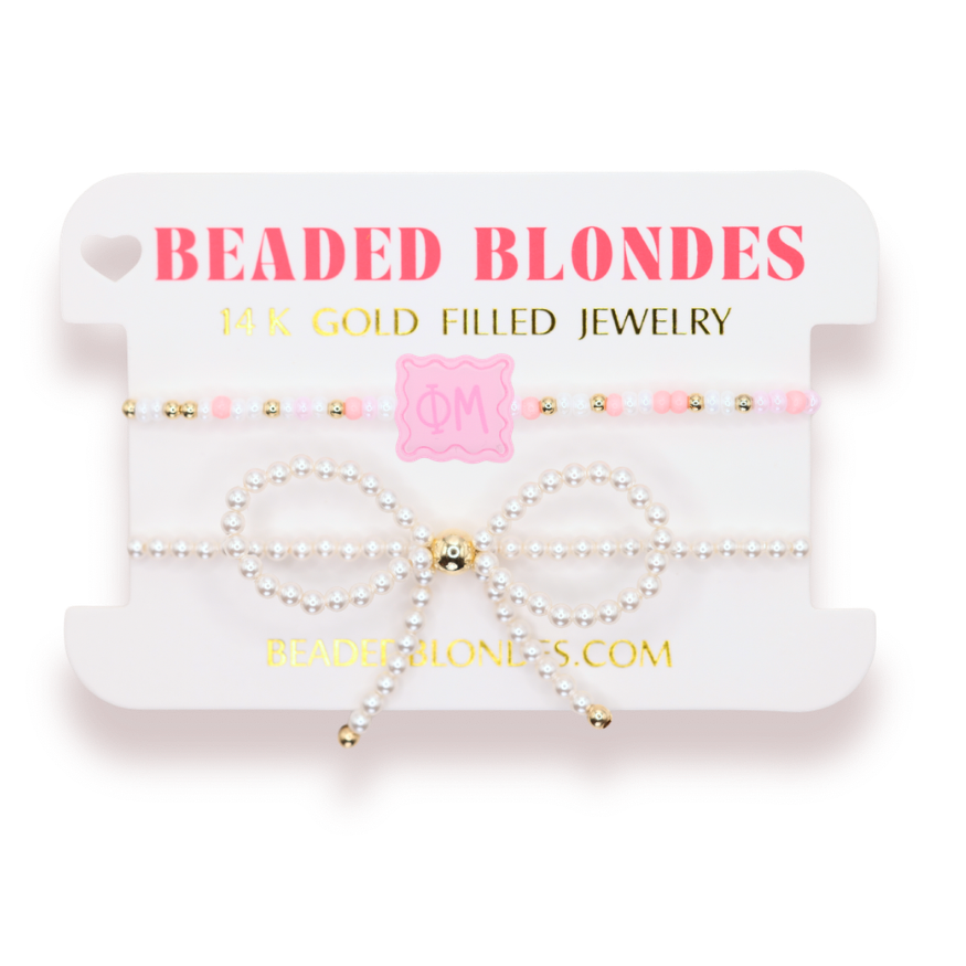 Phi Mu Block Bracelet + Pearl Bow Stack of 2
