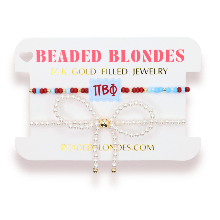 Pi Beta Phi Block Bracelet + Pearl Bow Stack of 2