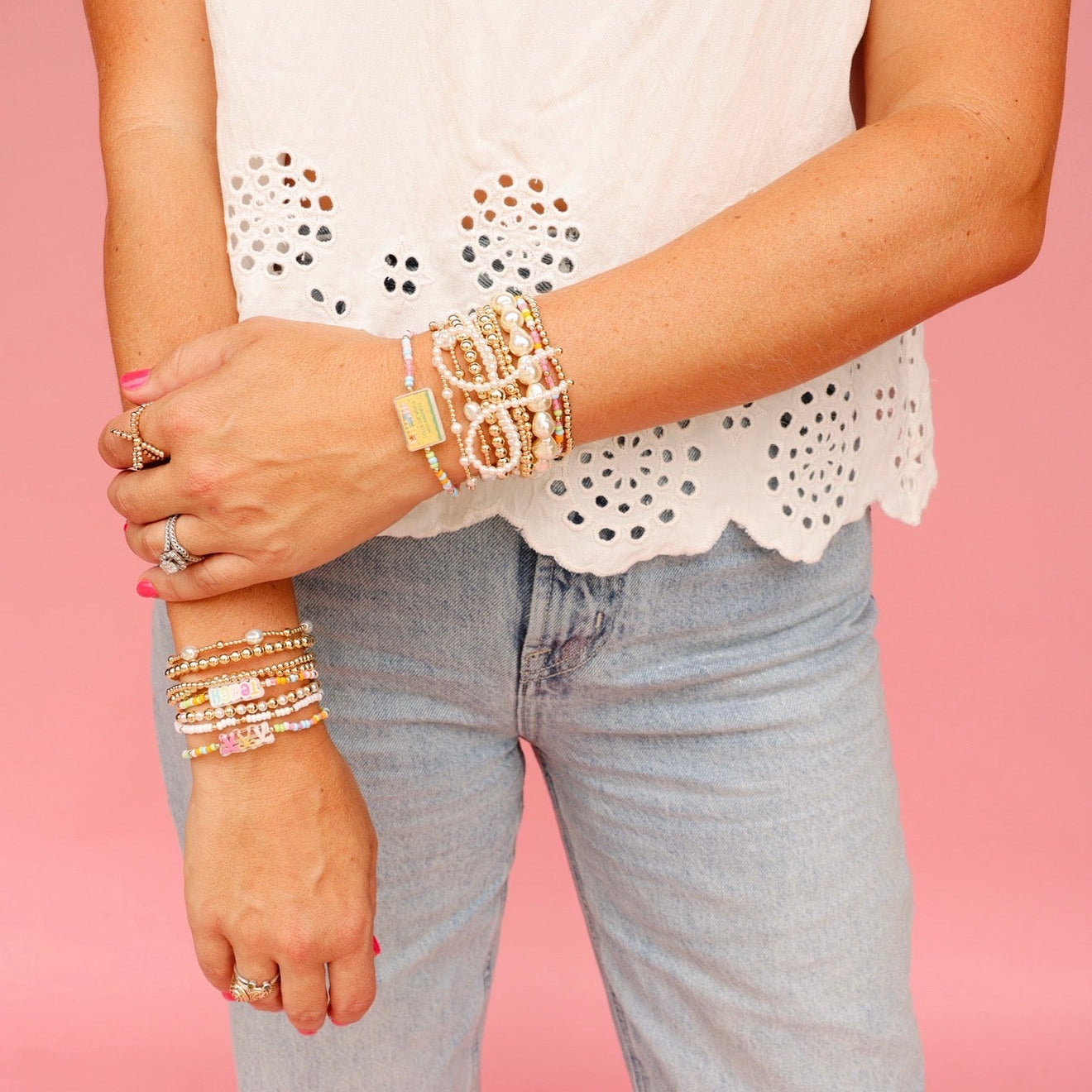 Teach Bracelet on Color + Luster White Sprinkle + Pearl Bow Stack of 3