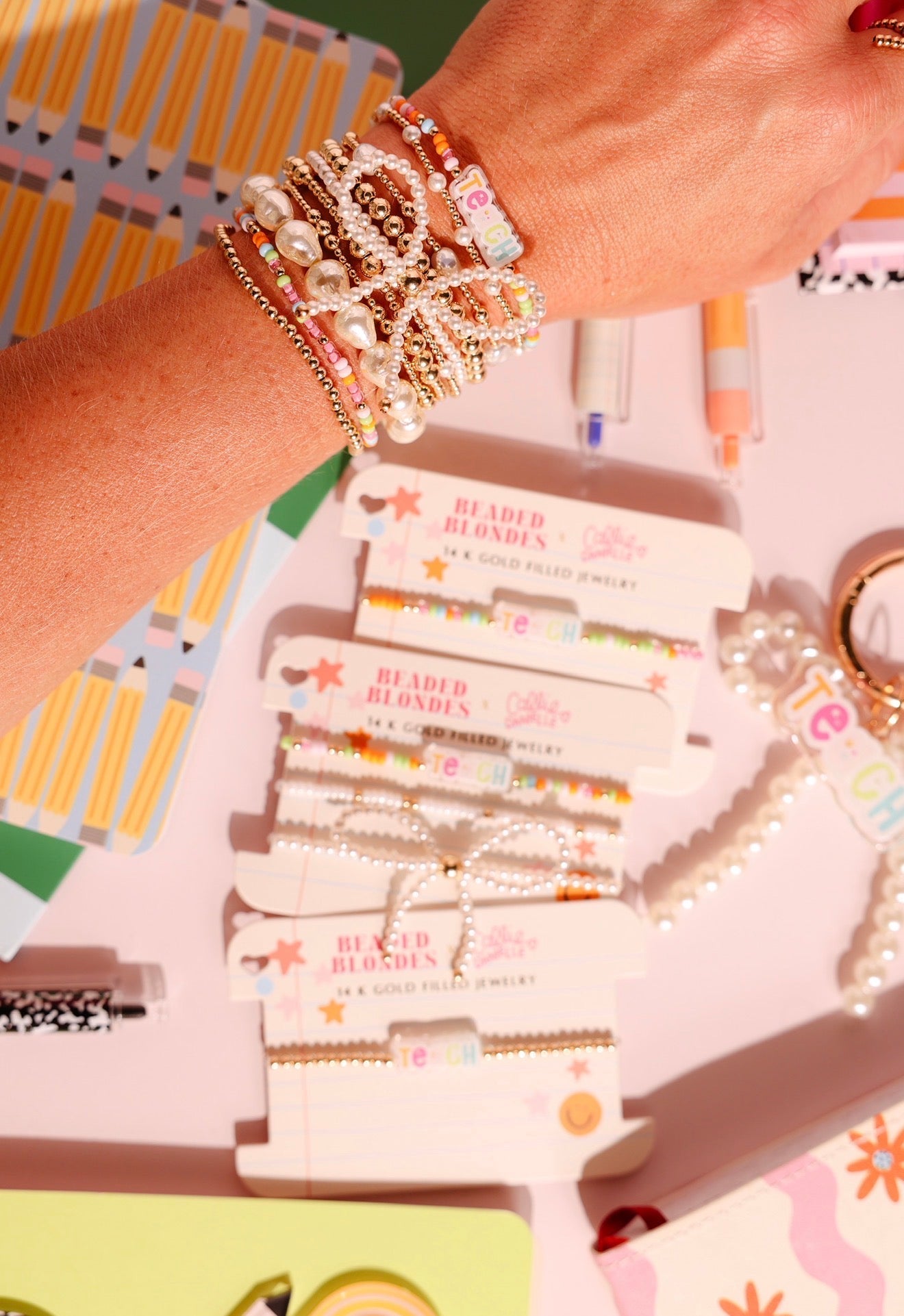 Teach Bracelet on Color + Luster White Sprinkle + Pearl Bow Stack of 3