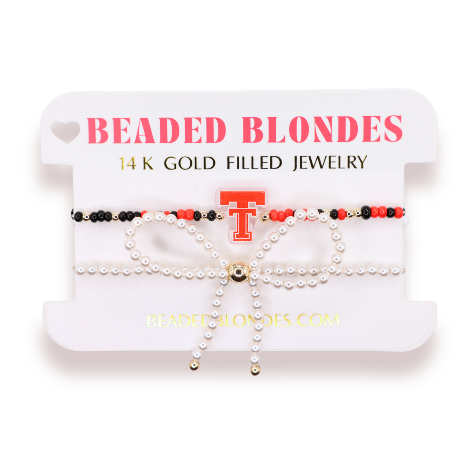 Texas Tech Logo Bracelet + Pearl Bow Stack of 2