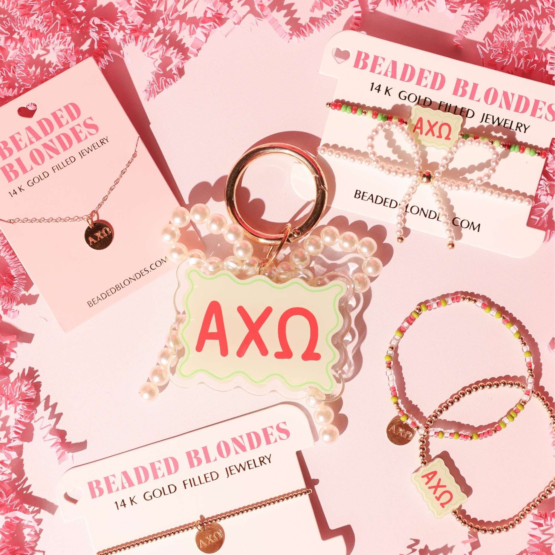 Alpha Chi Omega Block Bracelet + Pearl Bow Stack of 2