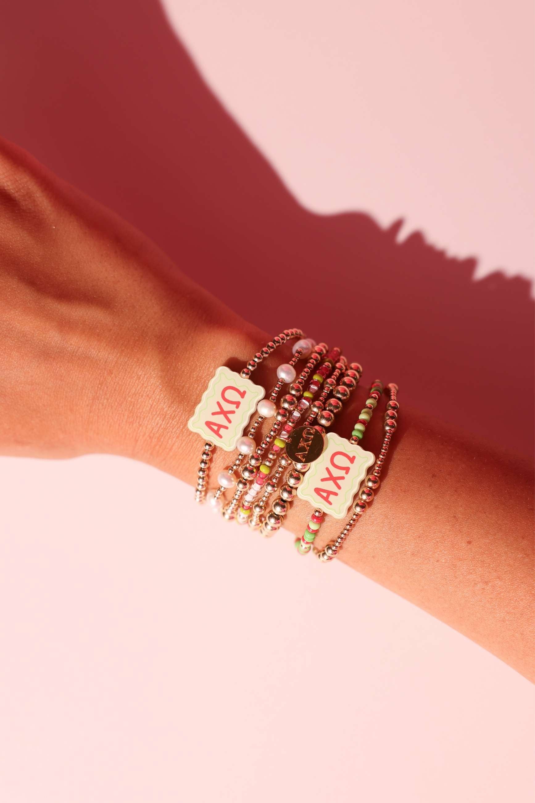 Alpha Chi Omega Block Bracelet + Pearl Bow Stack of 2