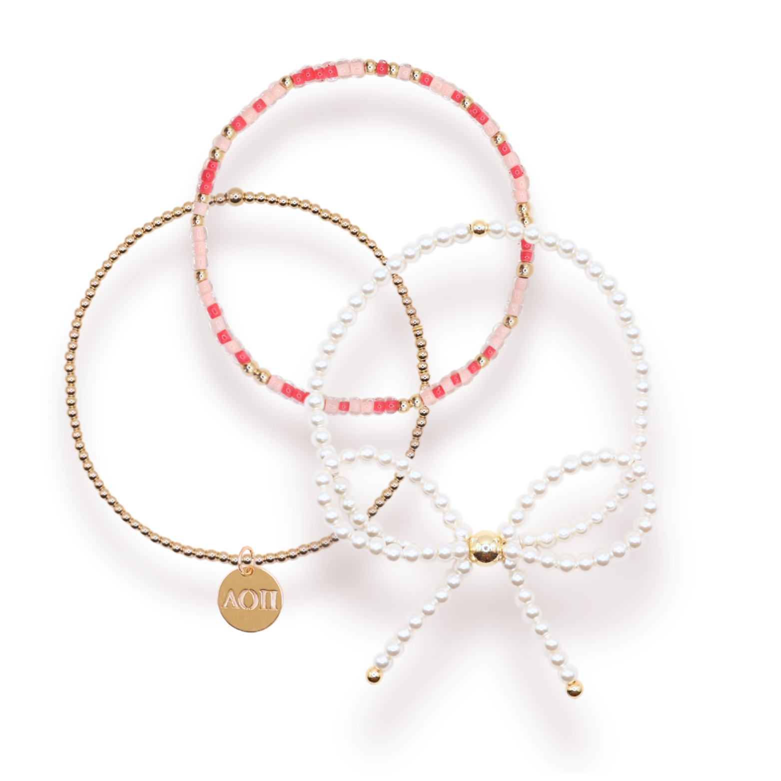 Alpha Omicron Pi Charm + Sprinkle Bow Bracelet Stack