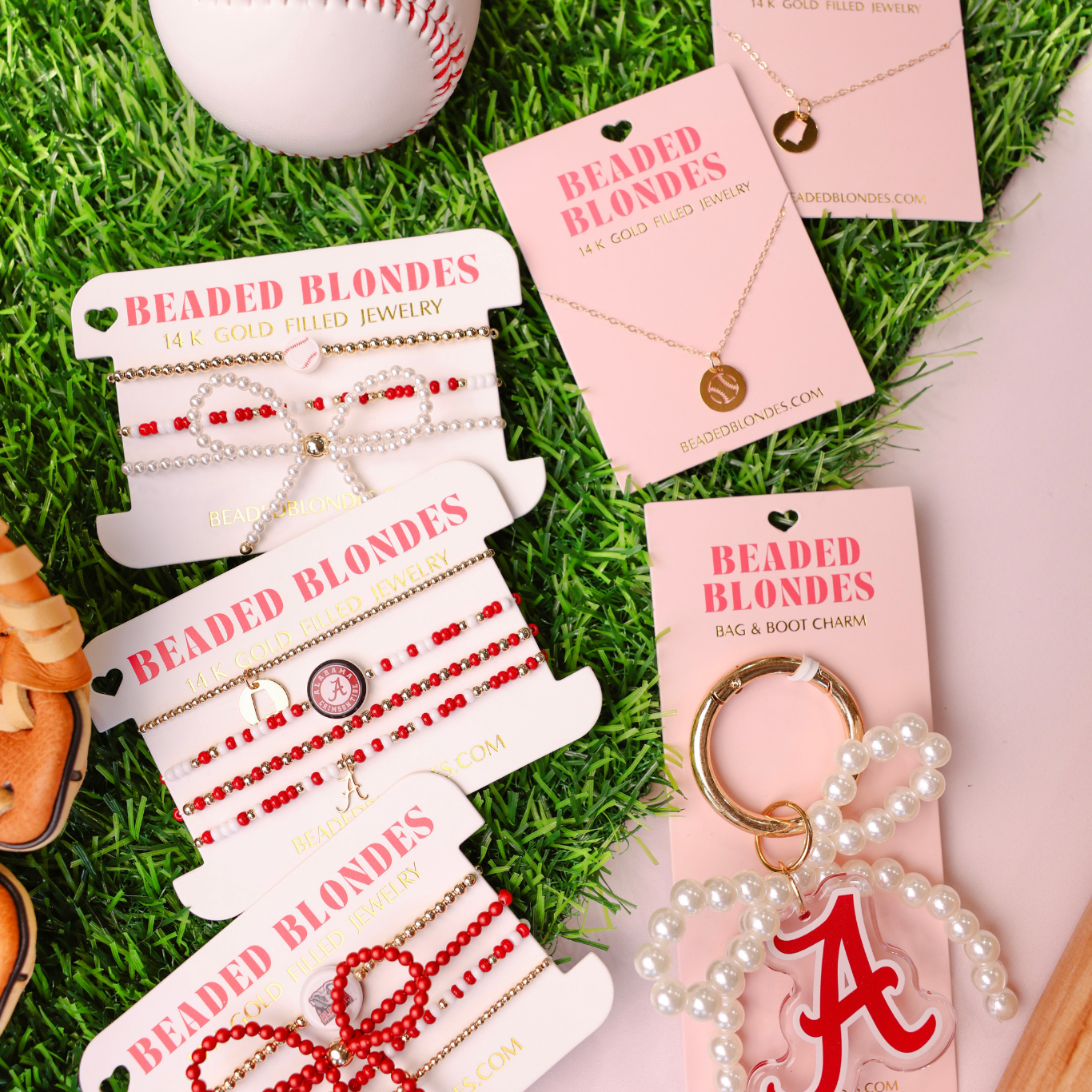 Baseball + Crimson Red and White Bracelet + Pearl Bow (Stack of 3)