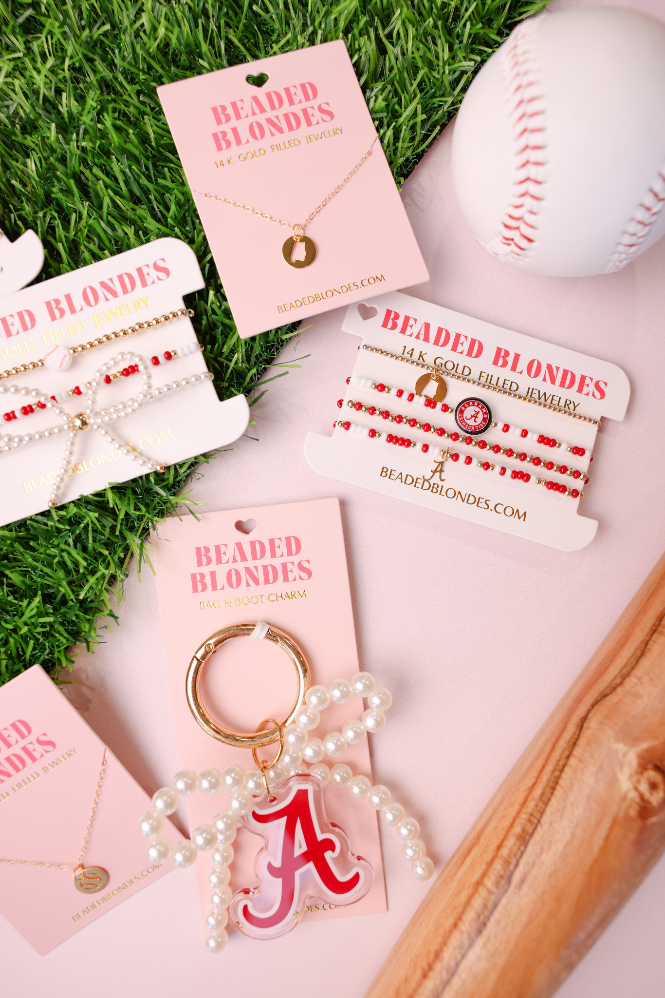 Baseball + Crimson Red and White Bracelet + Pearl Bow (Stack of 3)