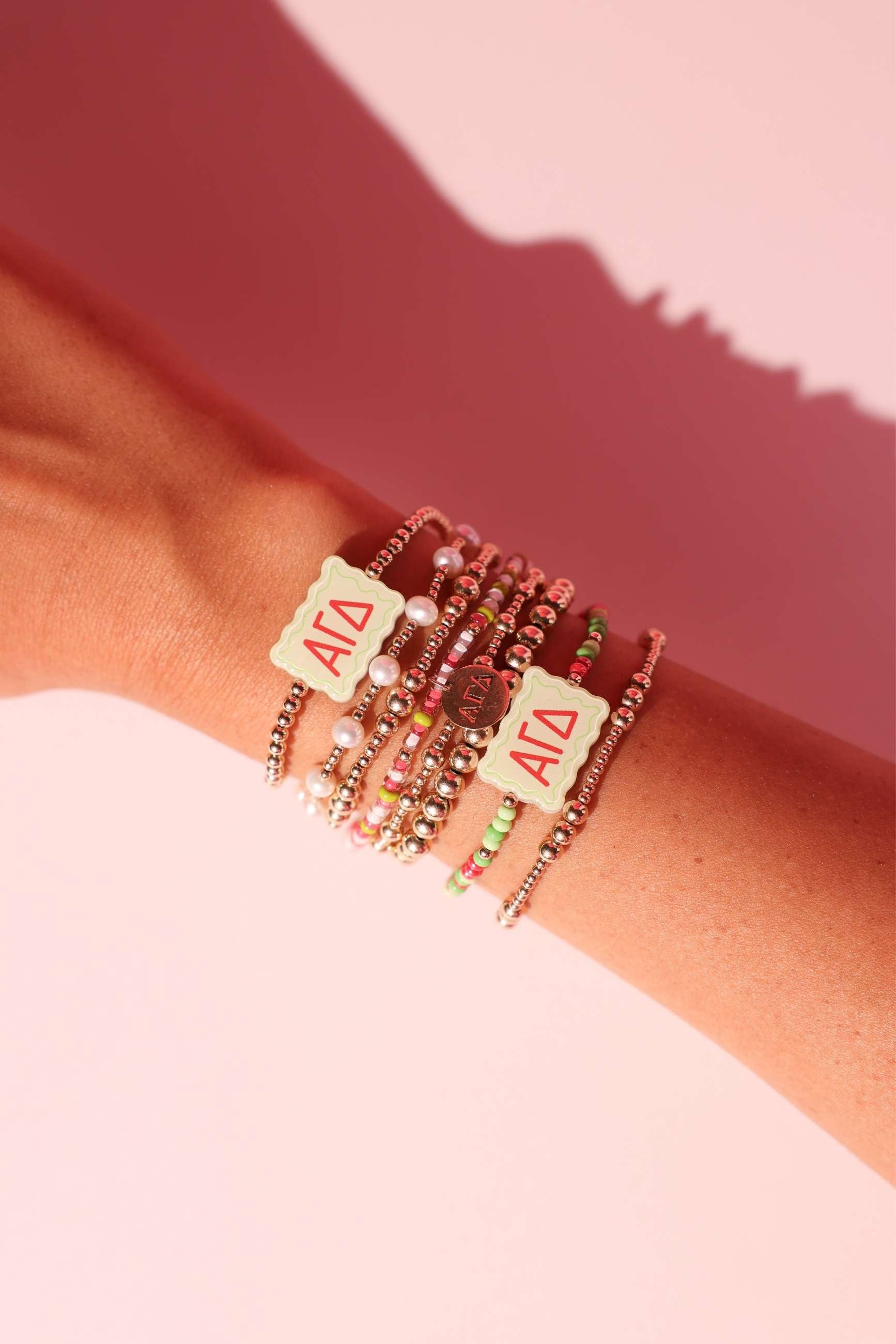 Alpha Gamma Delta Block Bracelet + Pearl Bow Stack of 2