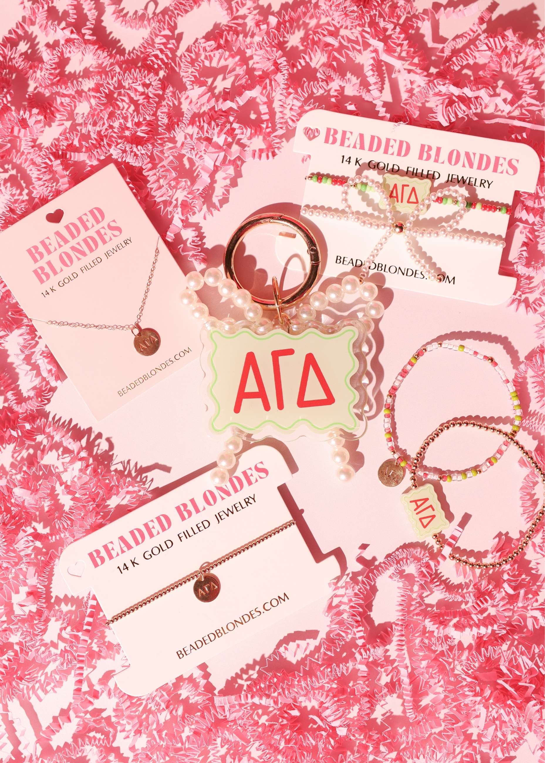 Alpha Gamma Delta Block Bracelet + Pearl Bow Stack of 2