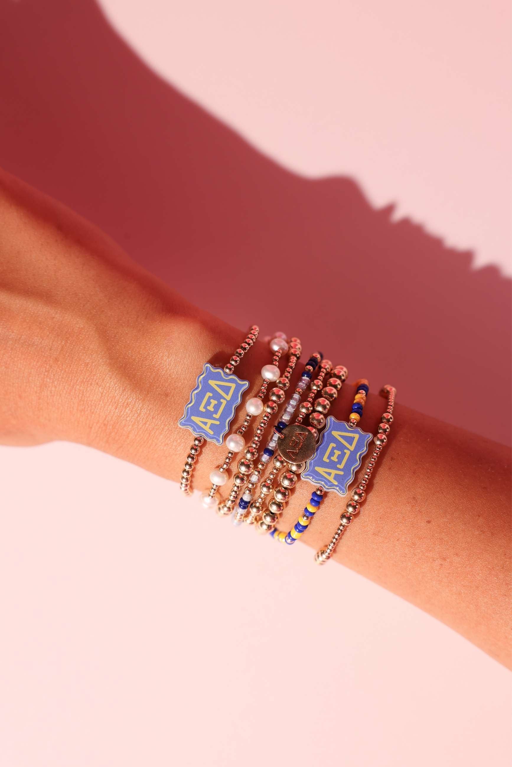 Alpha Xi Delta Block Bracelet + Pearl Bow Stack of 2