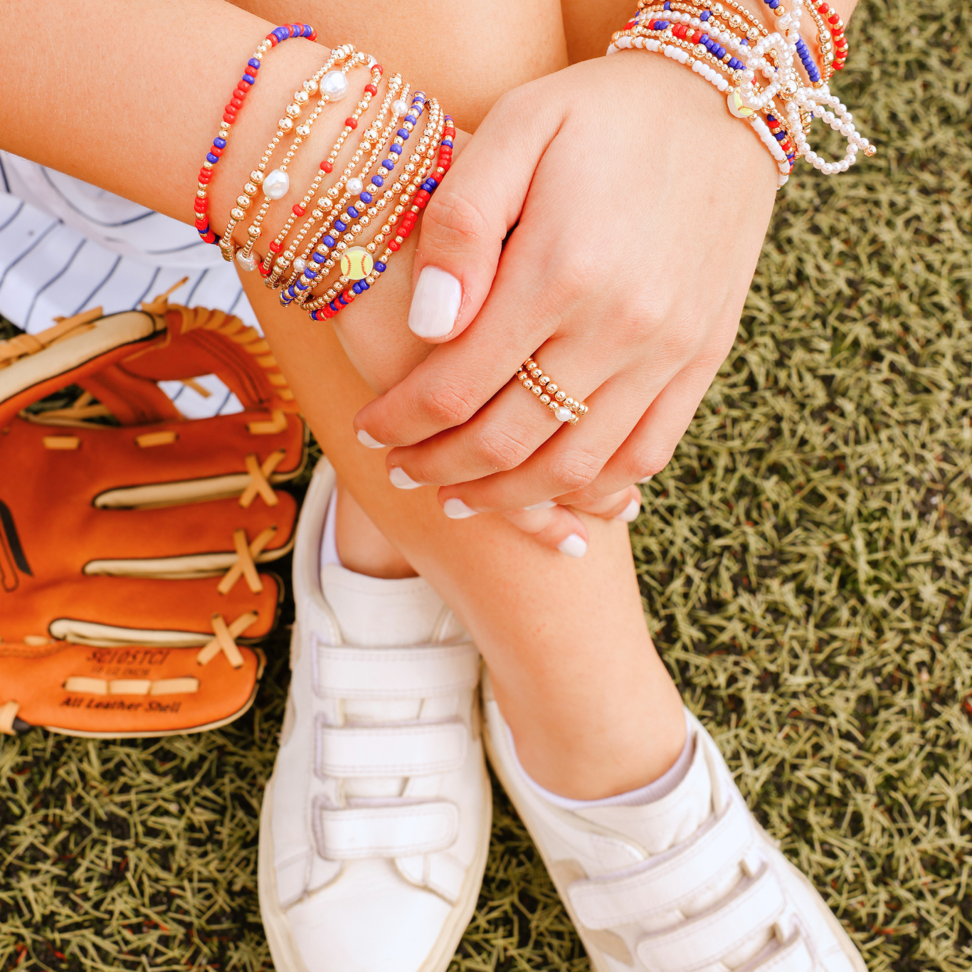 Baseball + Bright Red and Cobalt Blue Sprinkle Bracelet + Pearl Bow (Stack of 3)
