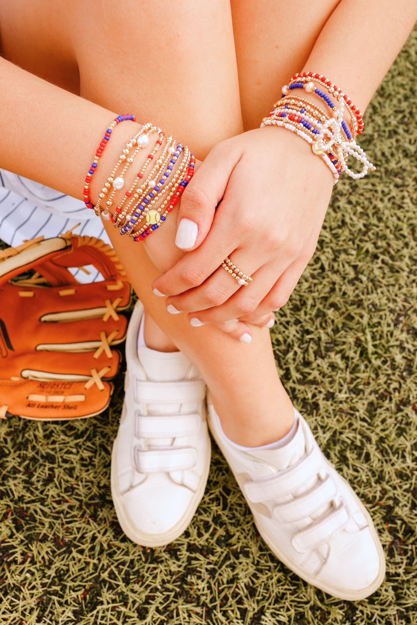Baseball + Bright Red and Cobalt Blue Sprinkle Bracelet + Pearl Bow (Stack of 3)