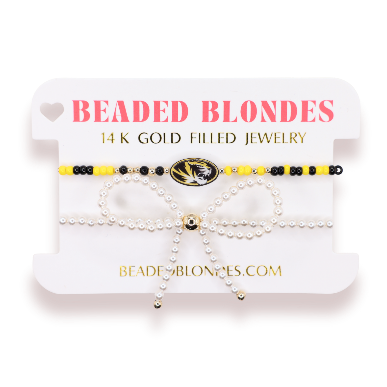 Mizzou Logo Bracelet + Pearl Bow Stack of 2