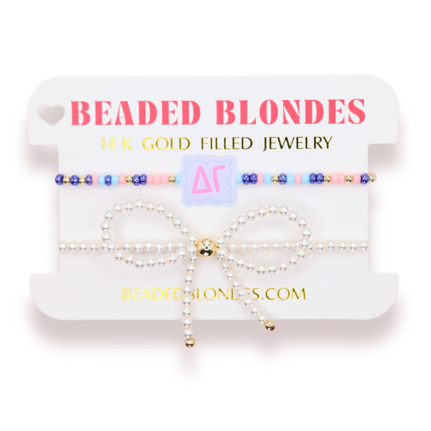 Delta Gamma Block Bracelet + Pearl Bow Stack of 2