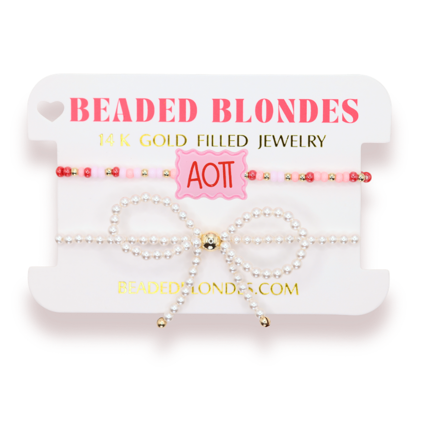 Alpha Omicron Pi Block Bracelet + Pearl Bow Stack of 2