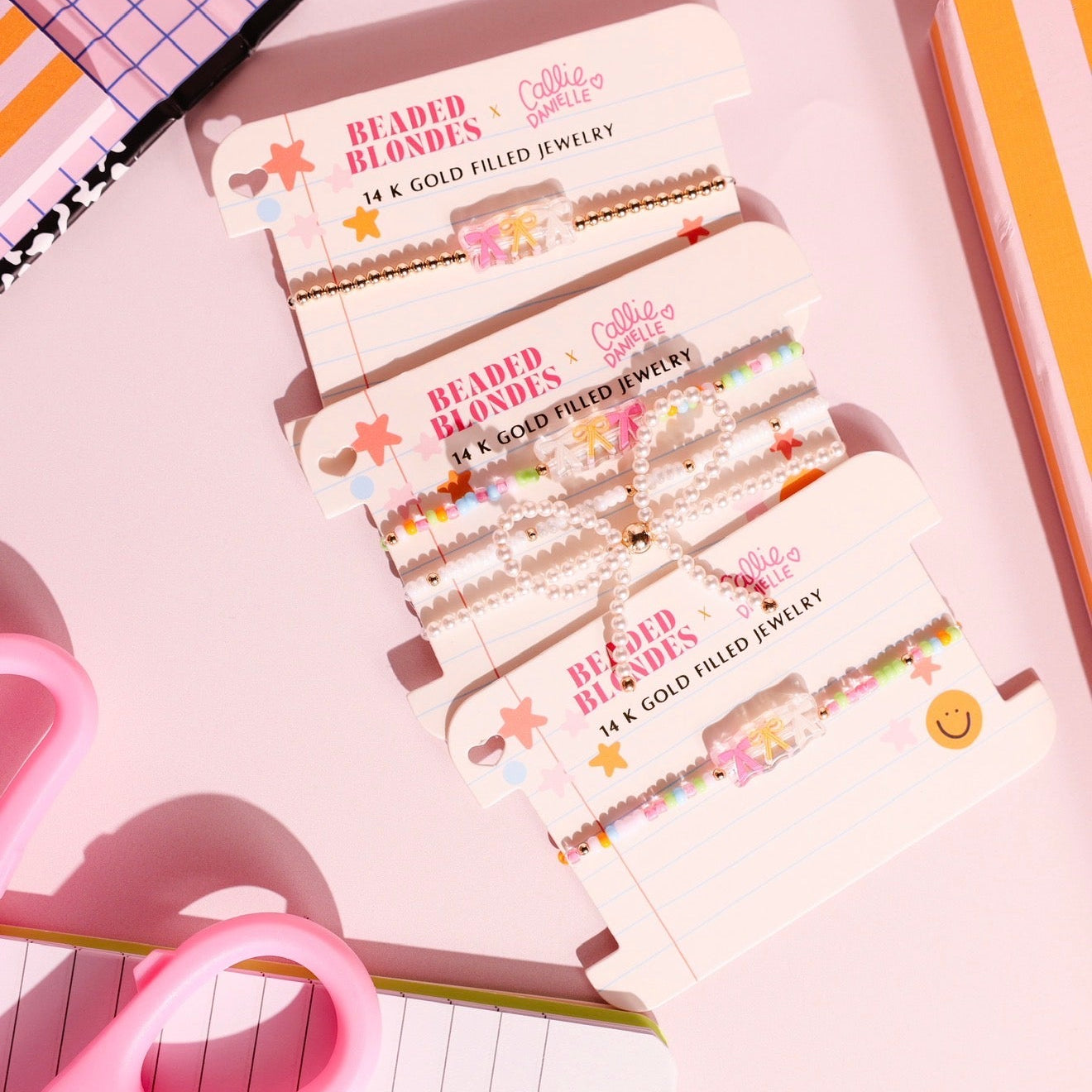 Notebook/Pencil Bow Trio Bracelet on Color + Luster White Sprinkle + Pearl Bow Stack of 3