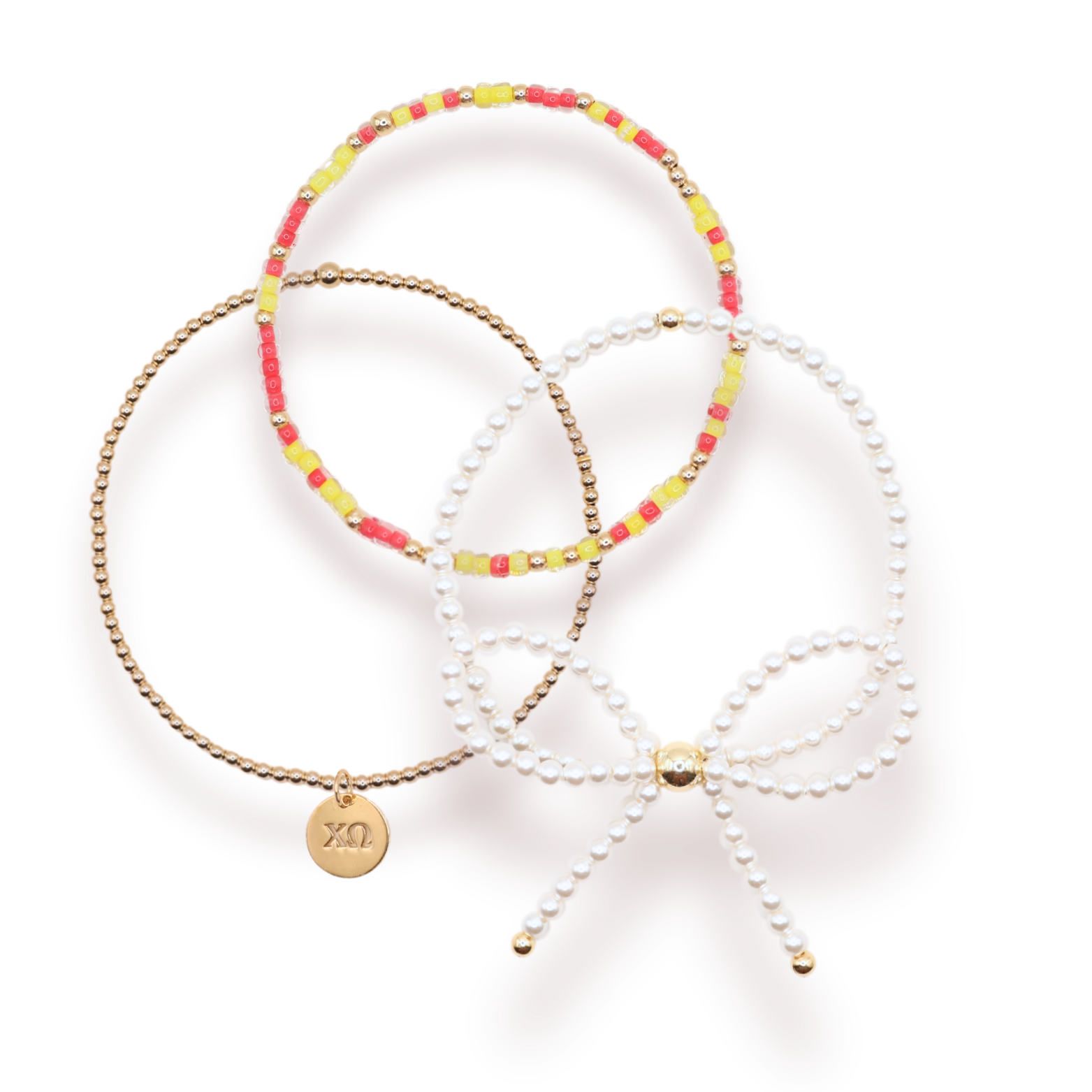 Chi Omega Charm + Sprinkle Bow Bracelet Stack