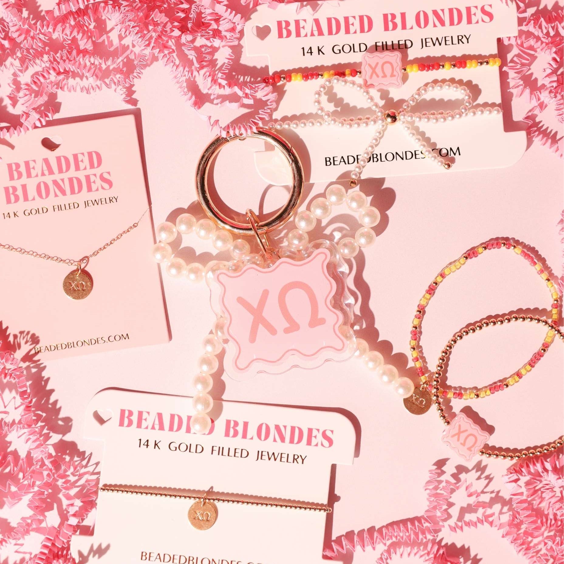 Chi Omega Block Bracelet + Pearl Bow Stack of 2