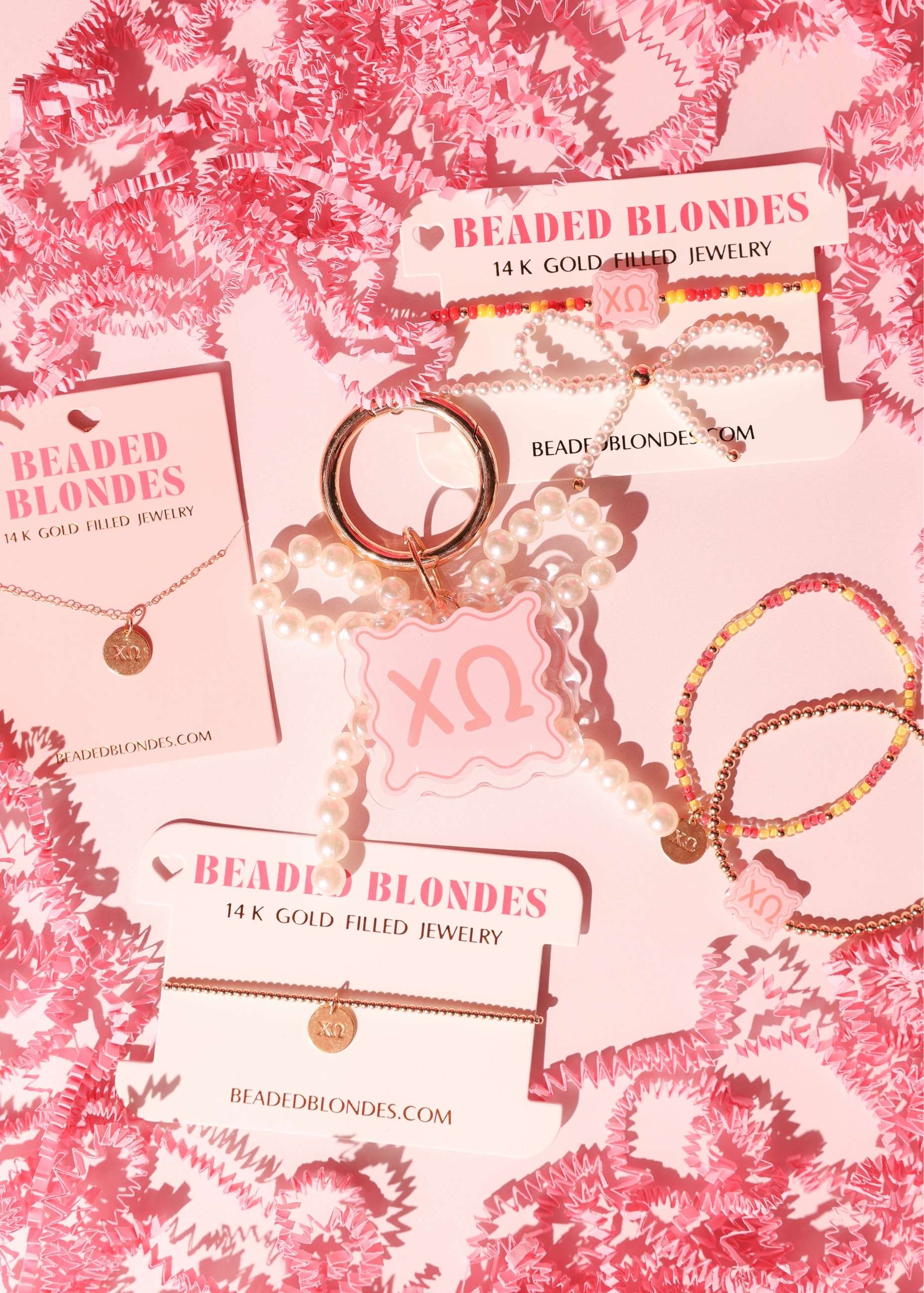 Chi Omega Block Bracelet + Pearl Bow Stack of 2