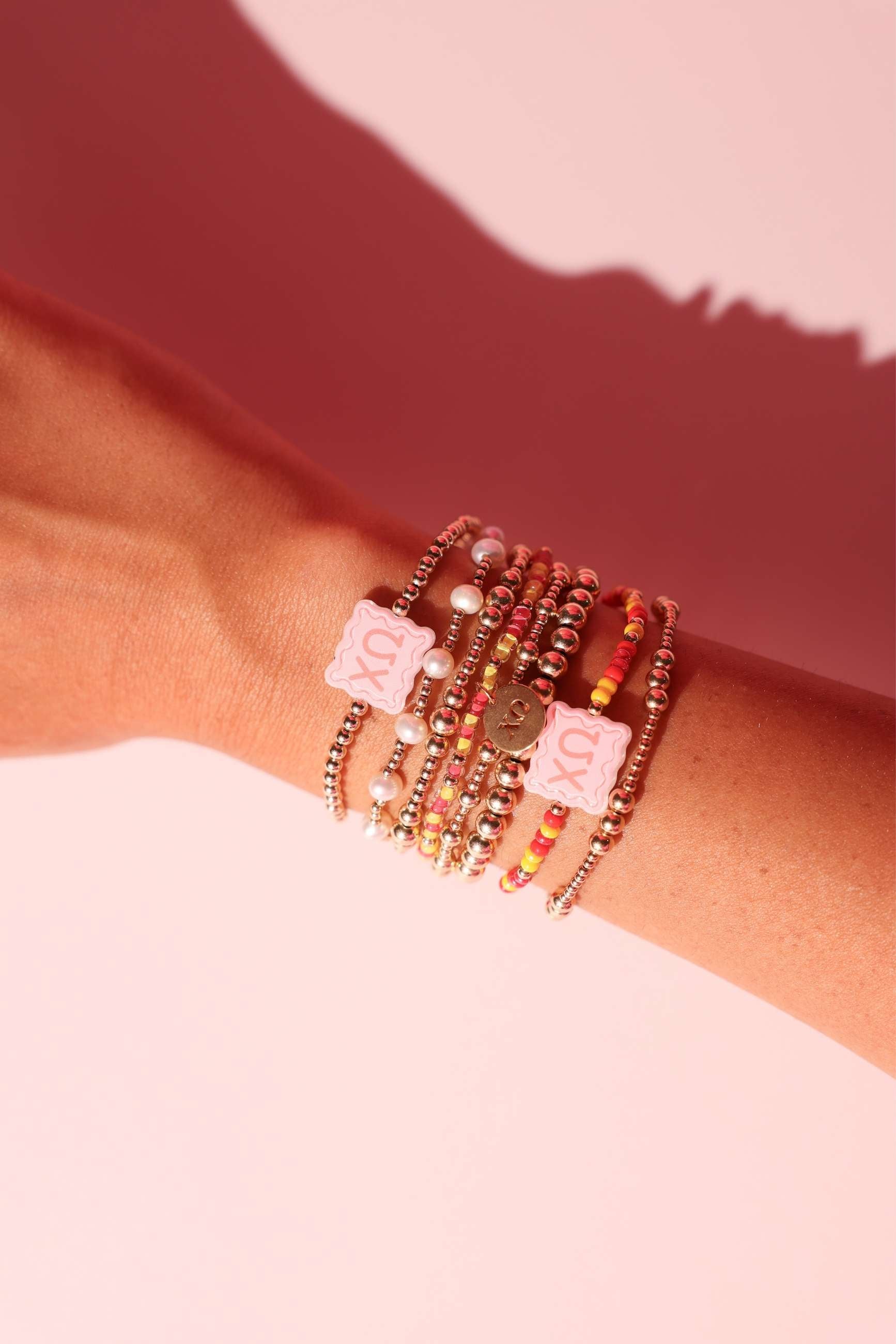 Chi Omega Block Bracelet + Pearl Bow Stack of 2