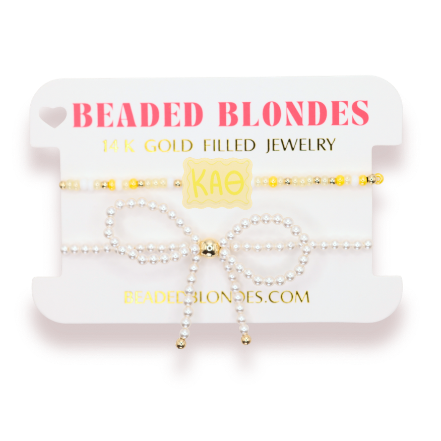 Kappa Alpha Theta Block Bracelet + Pearl Bow Stack of 2