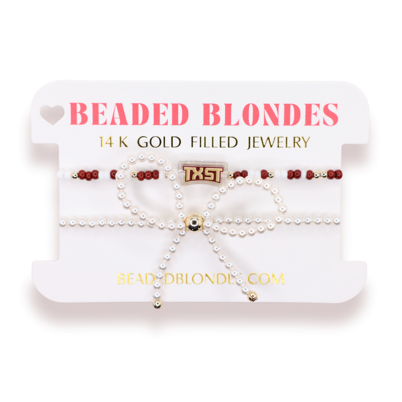 TXST Logo Bracelet + Pearl Bow Stack of 2