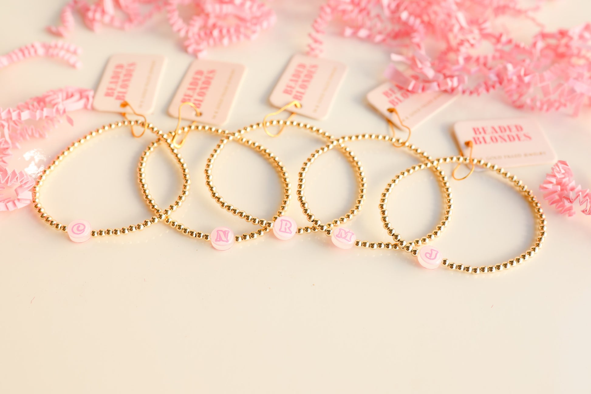 BB Pink Bead Initial Letter Bracelet (up to 6 letters)