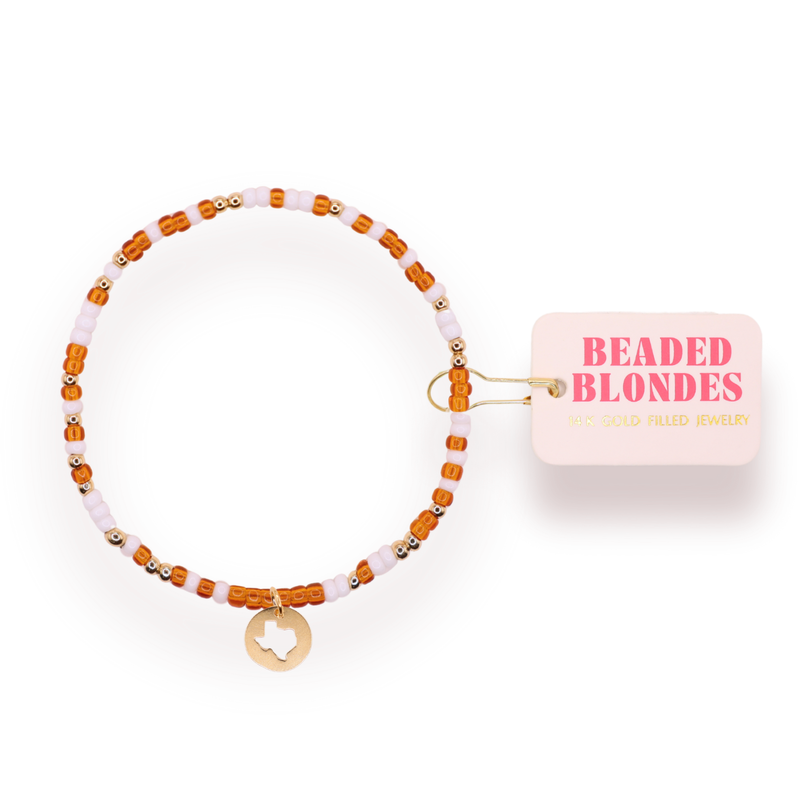Texas (Burnt Orange & White) State Cutout Charm Bracelet on Color