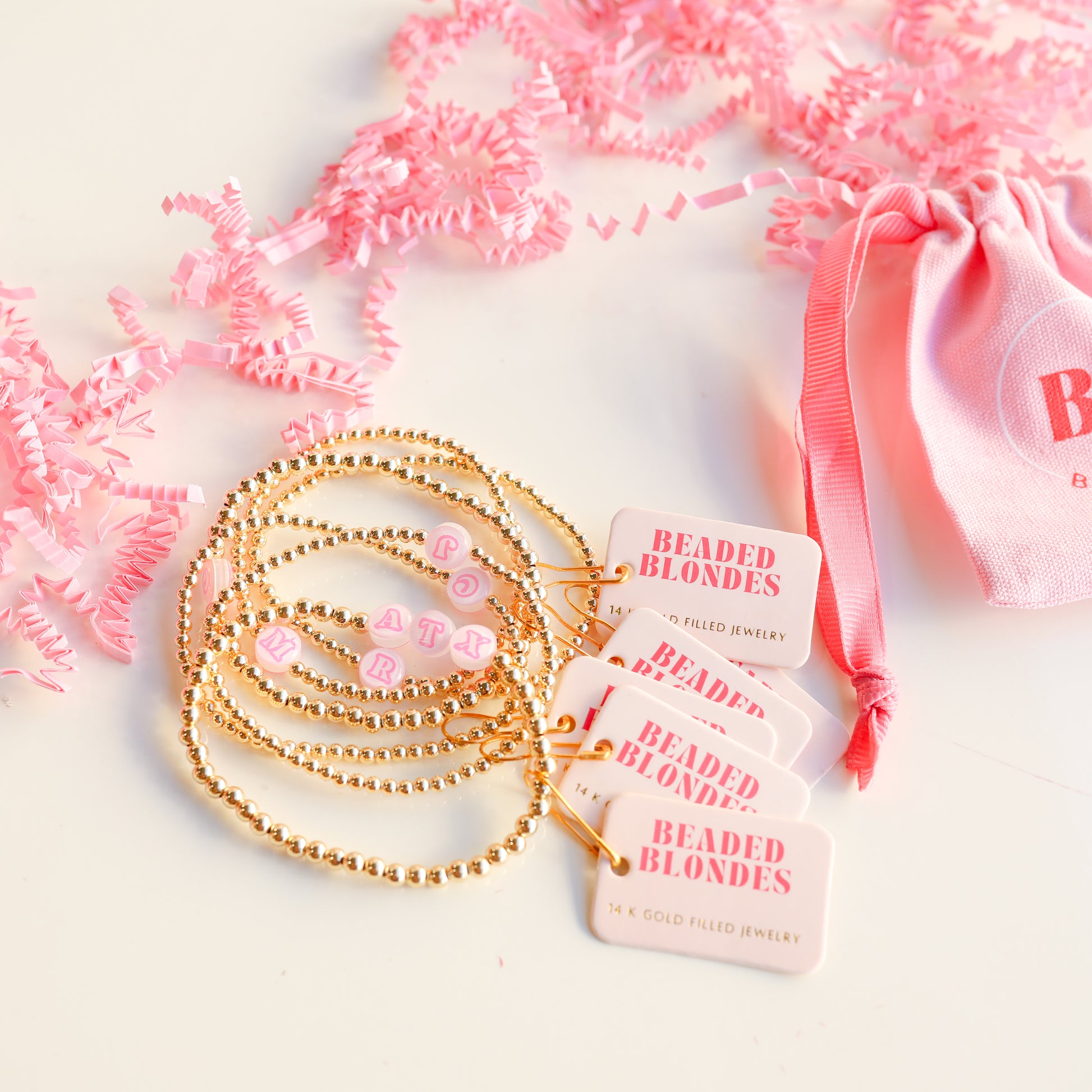 BB Pink Bead Initial Letter Bracelet (up to 6 letters)