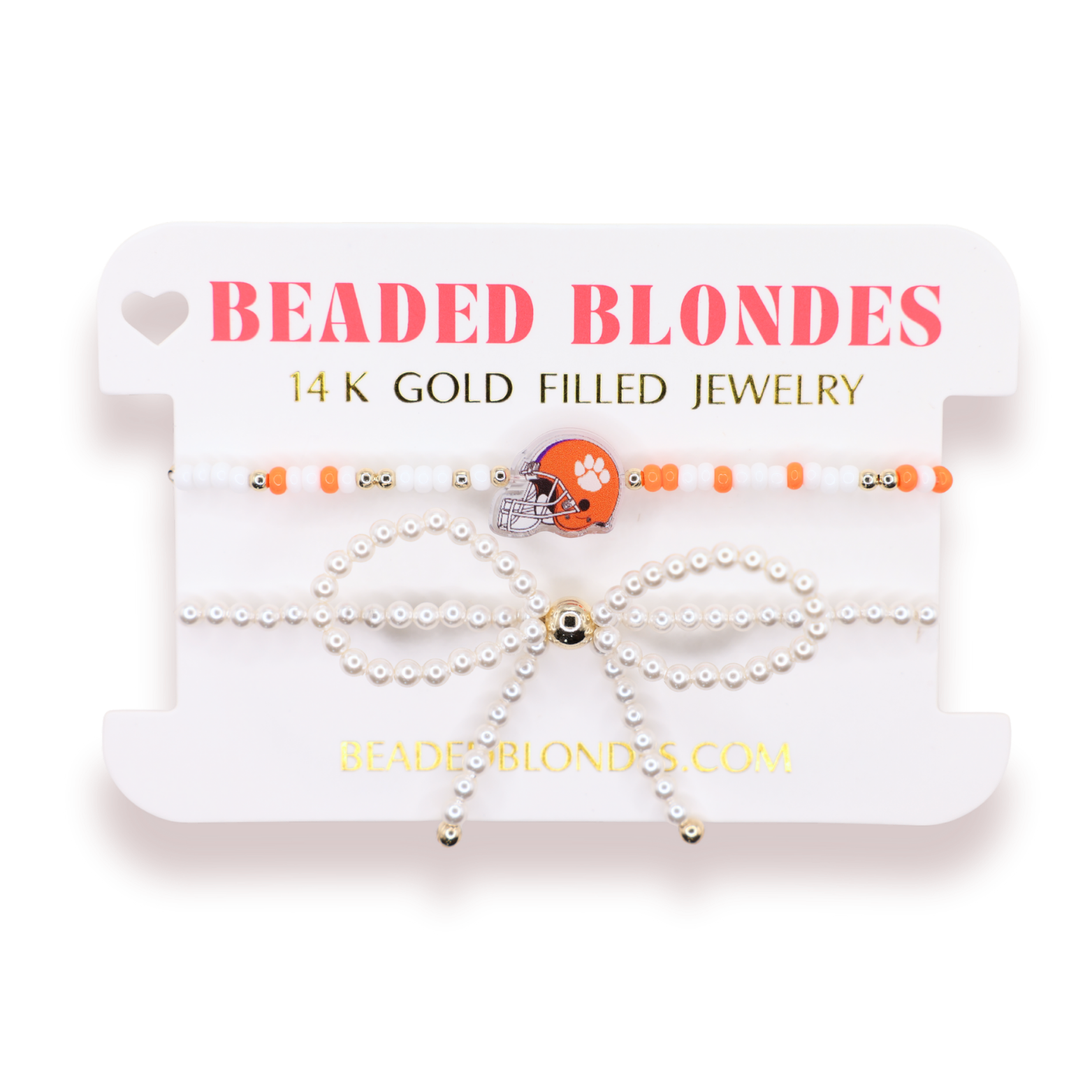 Clemson Helmet Bracelet + Pearl Bow Stack of 2