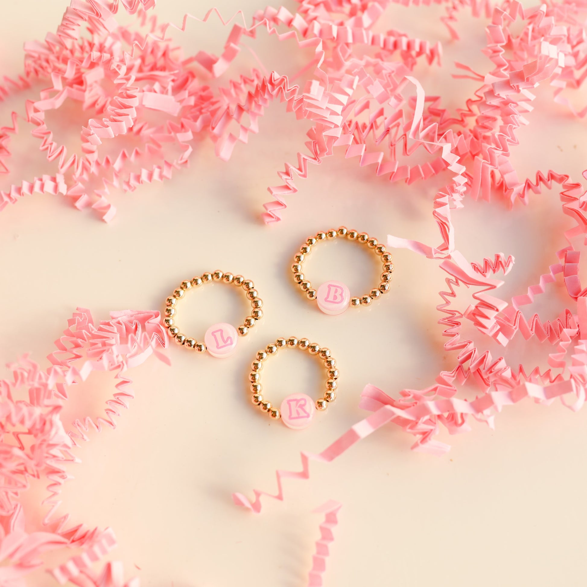 Pink BB Bead Initial Letter Ring