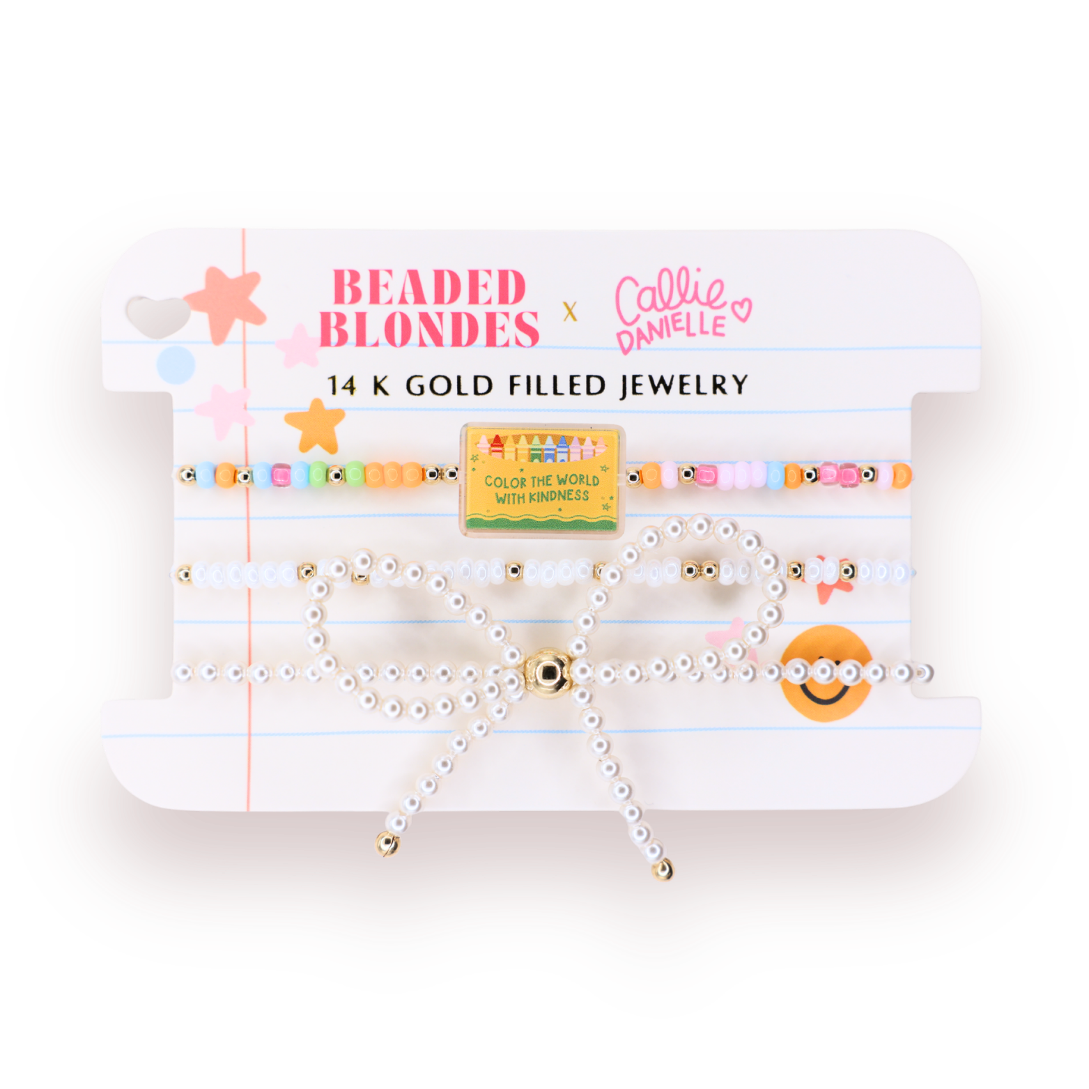 Color the World with Kindness Crayon Box Bracelet on Color + Luster White Sprinkle + Pearl Bow Stack of 3
