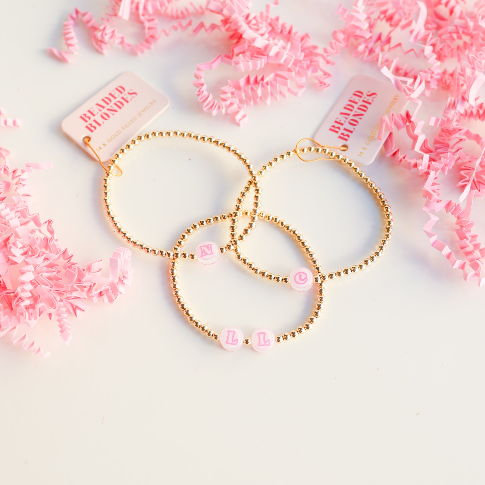 BB Pink Bead Initial Letter Bracelet (up to 6 letters)