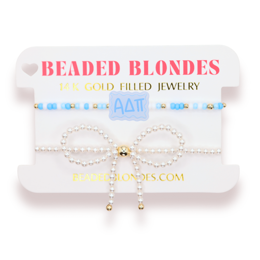 Alpha Delta Pi Block Bracelet + Pearl Bow Stack of 2