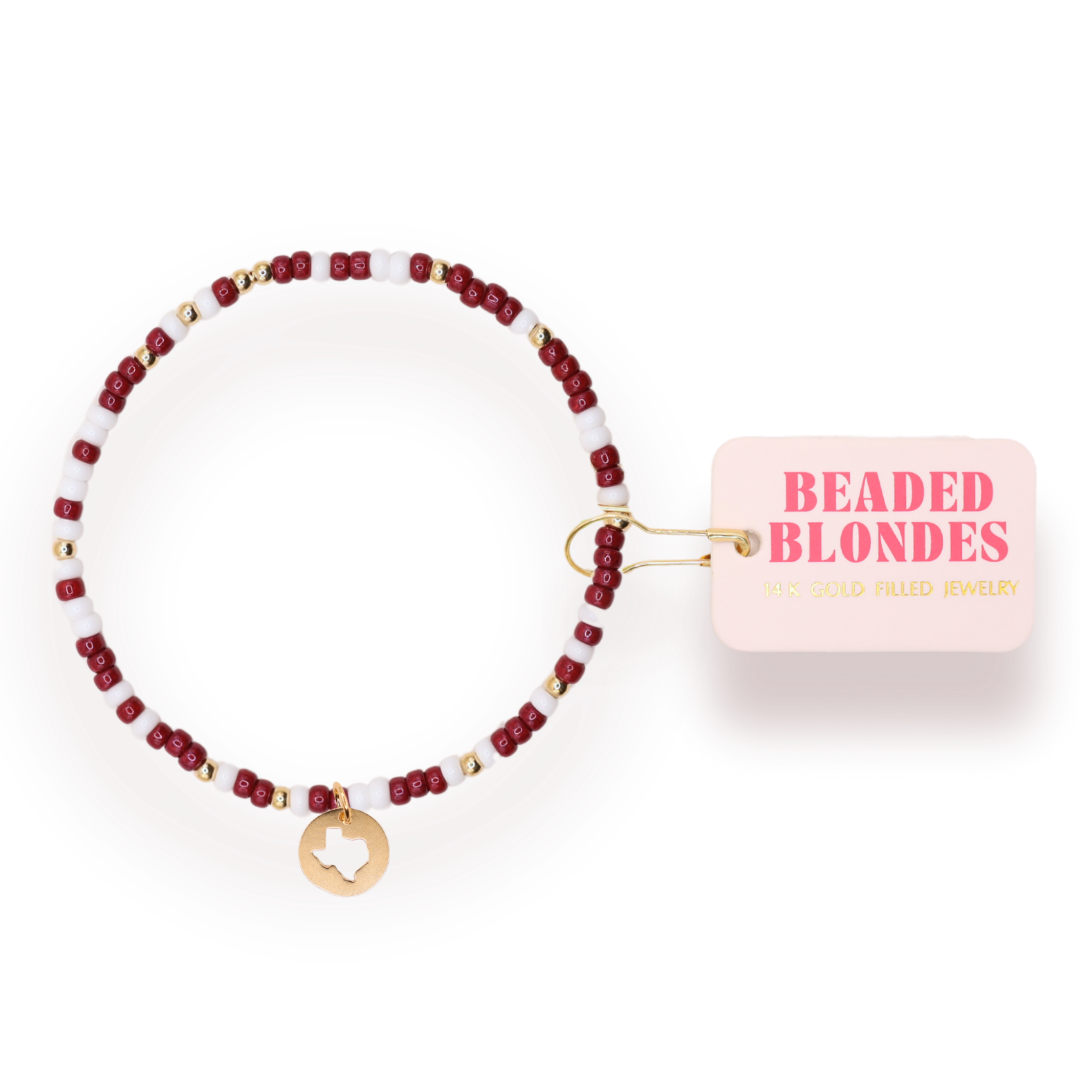 Texas (Maroon and White) State Cutout Charm Bracelet on Color