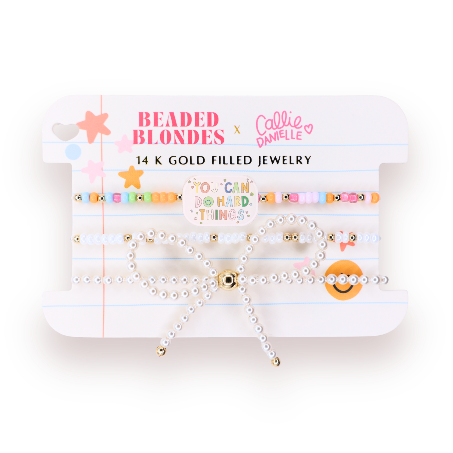 You Can Do Hard Things Bracelet on Color + Luster White Sprinkle + Pearl Bow Stack of 3