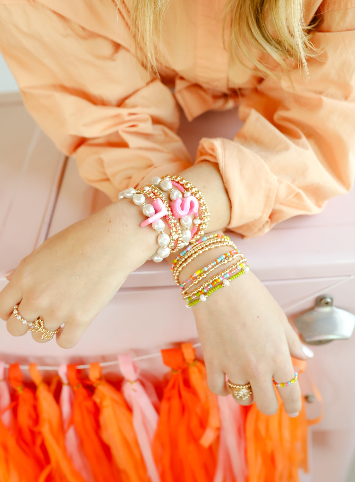 Pink Bubble Pearl Initial Bracelet