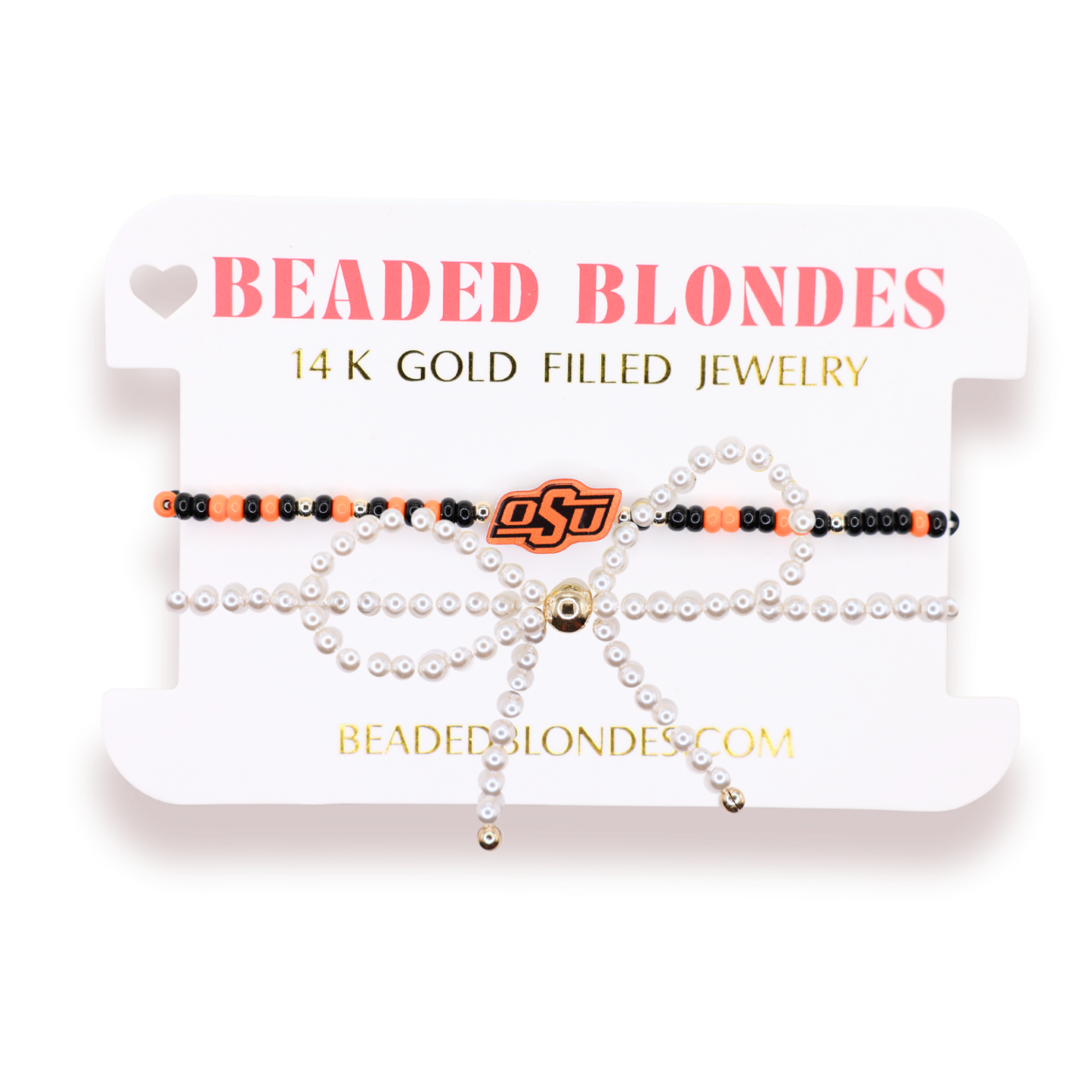 Oklahoma State University (OSU) Bracelet + Pearl Bow Stack of 2