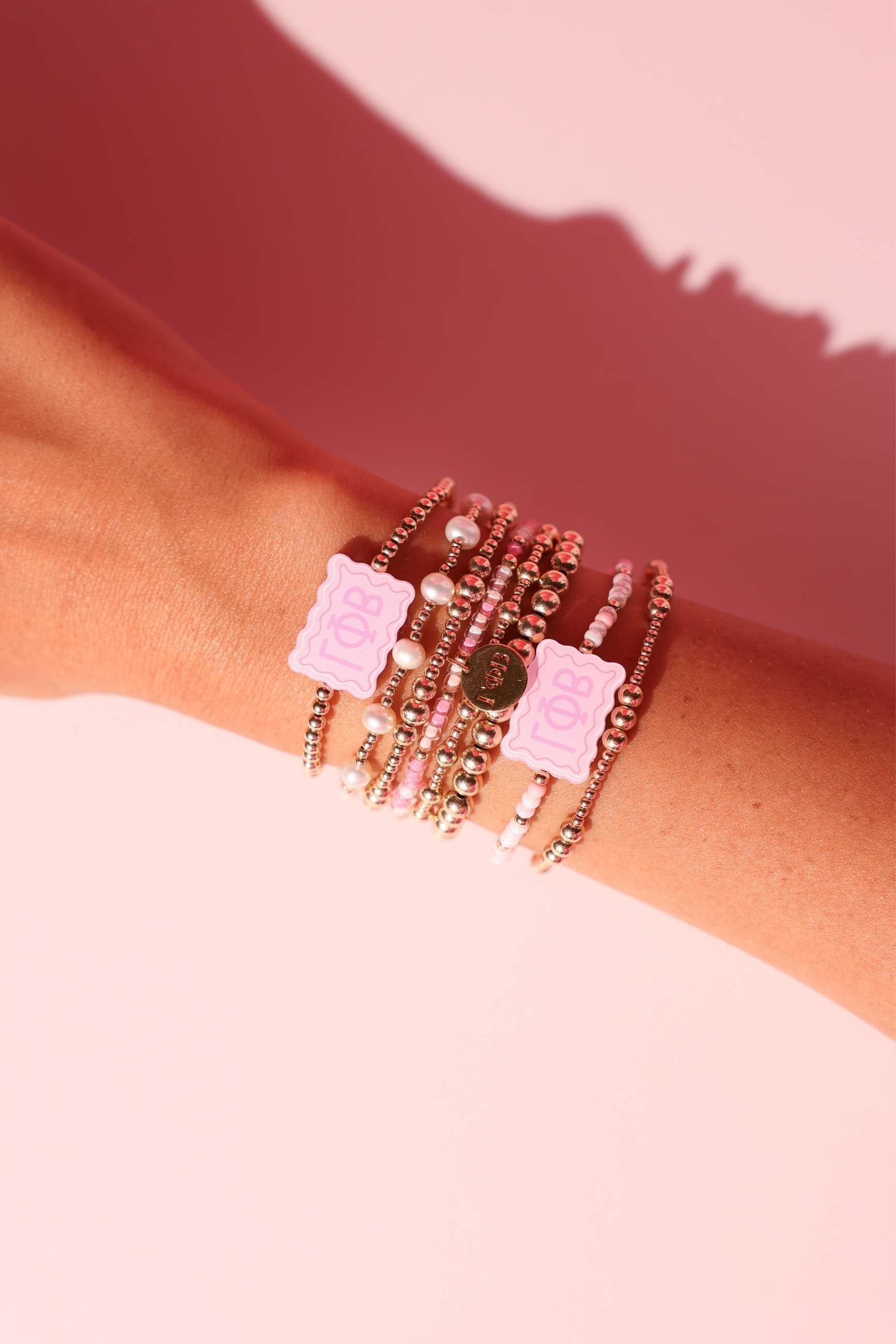 Gamma Phi Beta Block Bracelet + Pearl Bow Stack of 2