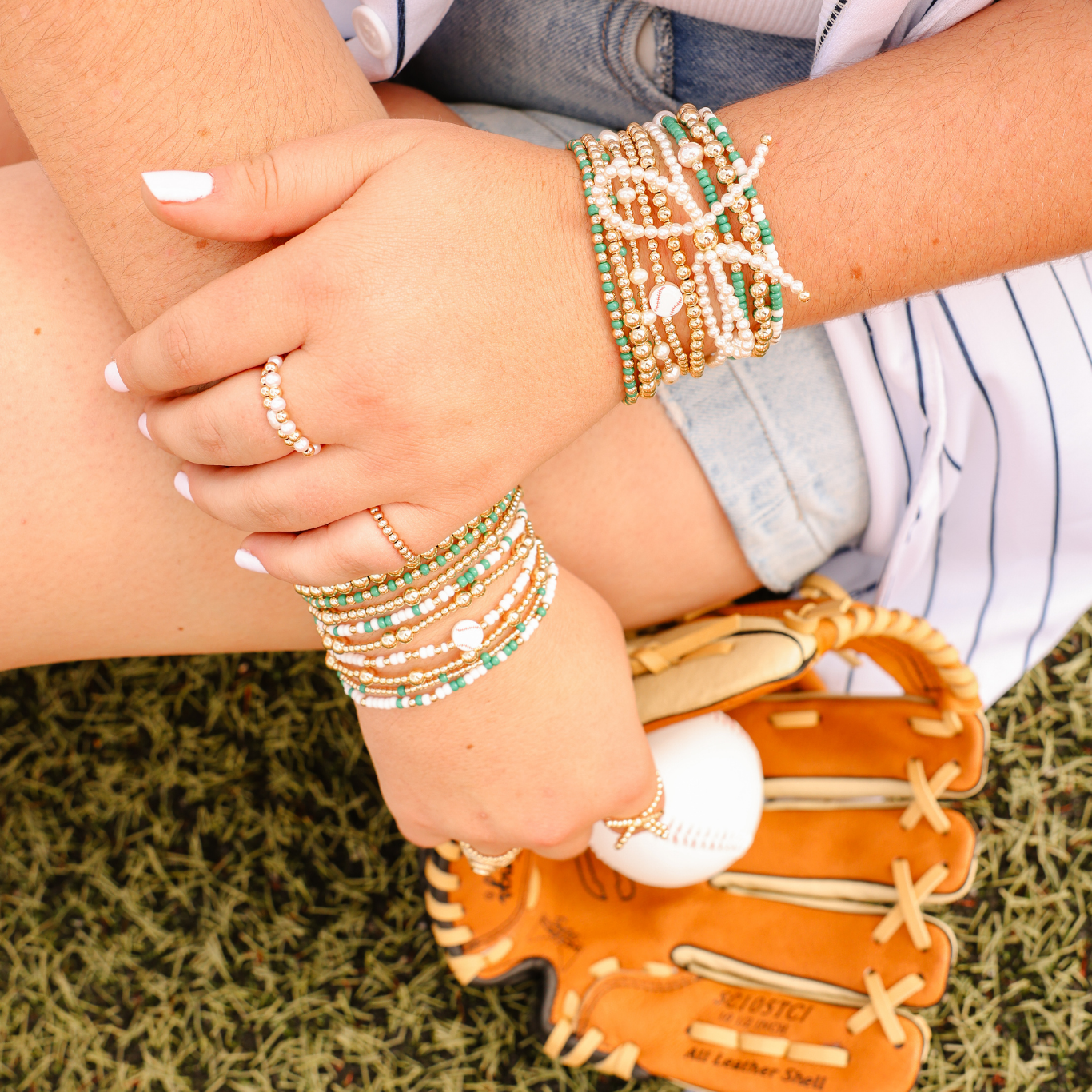 Baseball + Green and White Sprinkle Bracelet + Pearl Bow (Stack of 3)